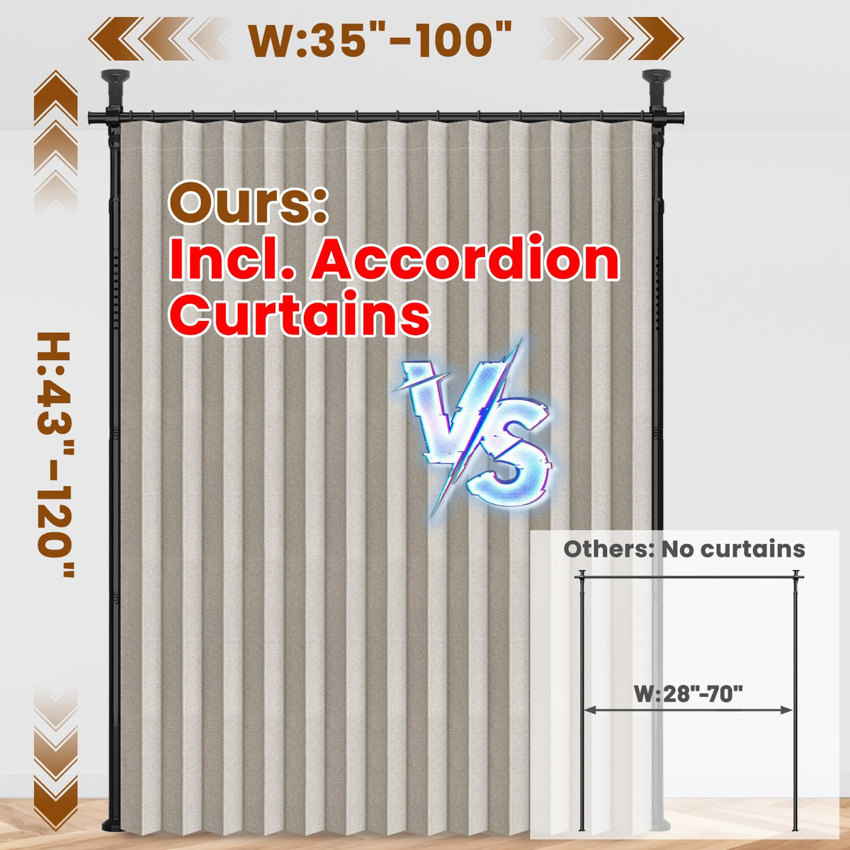 AJAZZ 100% Blackout Room Divider Curtains Sets Cream White W100 x L96 in,1 Panel Curtain Rods No Drilling Adjustable Tension (H) 43-120×(W) 35-100 in for Office Privacy Partition Separator