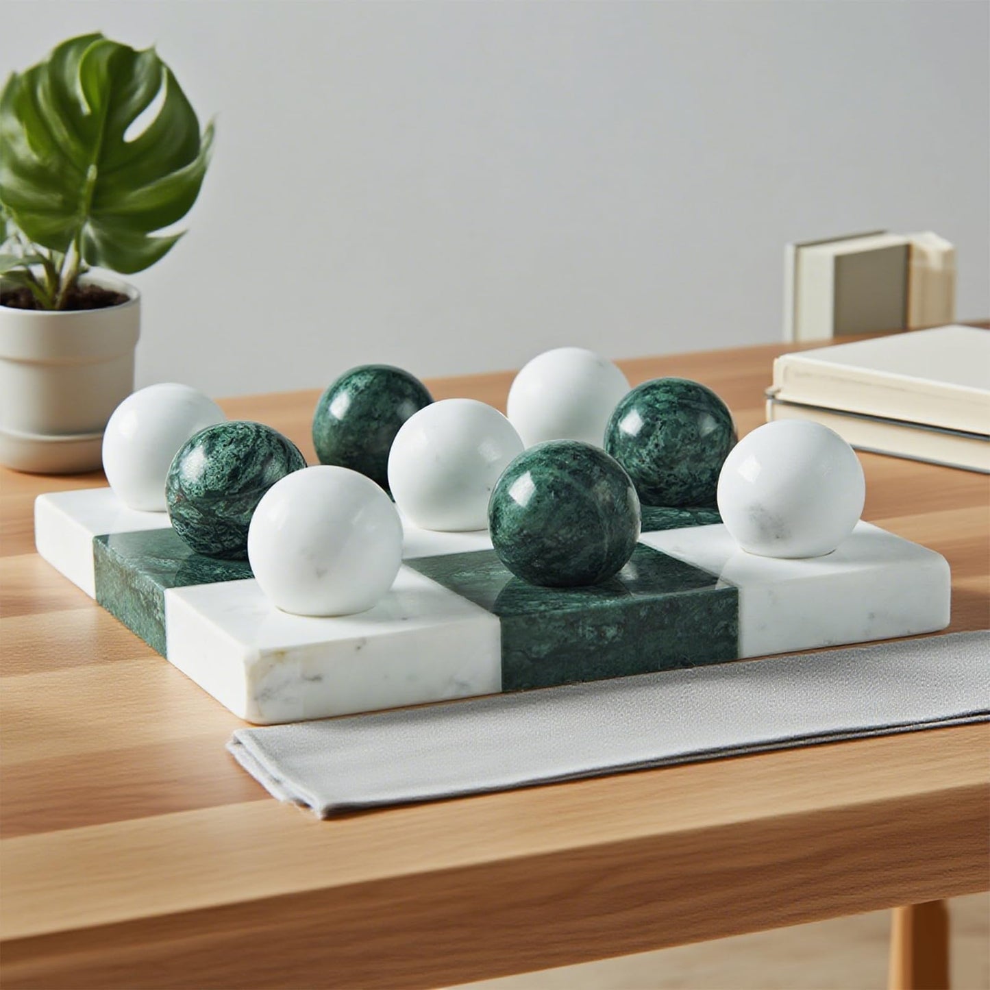 Green Marble Tic Tac Toe Board, Fresh Elegant Checkerboard, 7x7 Inch Premium Handcrafted Marble Tic Tac Toe Board, Modern Room Decor for Living Room, Office, Coffee Table