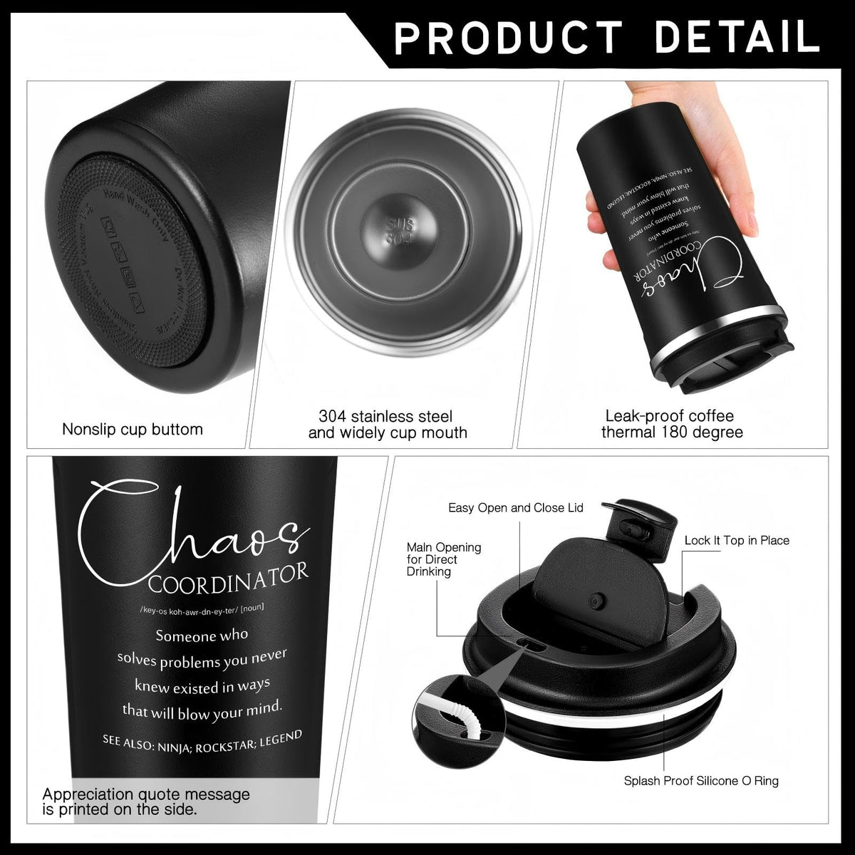 Pickmesh 3 Pcs Chaos Coordinator Appreciation Gifts for Women Men 17 oz Coffee Tumbler A5 Leather Journal with Ballpoint Pen for Admin Professionals Manager Assistant‌ Employee Teacher(Black)