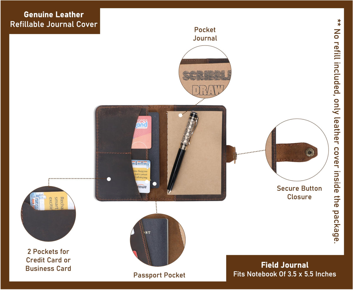 TheAntiq Genuine Leather Refillable Field Notes Cover 3.5 x 5.5" | Handmade Distressed Pocket Journal & Travel Diary Cover with Card Slots, Pen Loop & Passport Pocket Planner Case
