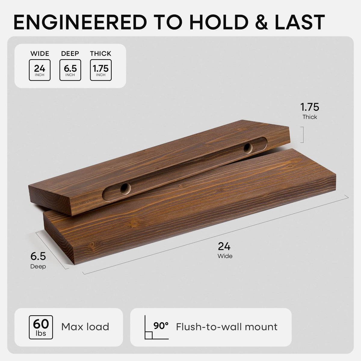 Homeforia Classic Walnut 24 inch Floating Shelf, High End Solid Real Wood Small 24inch Floating Shelves for Wall Mounted, 24in Floating Shelves, Heavy Duty Bracket, 24 X 6.5 X 1.75 inches, Set of 2