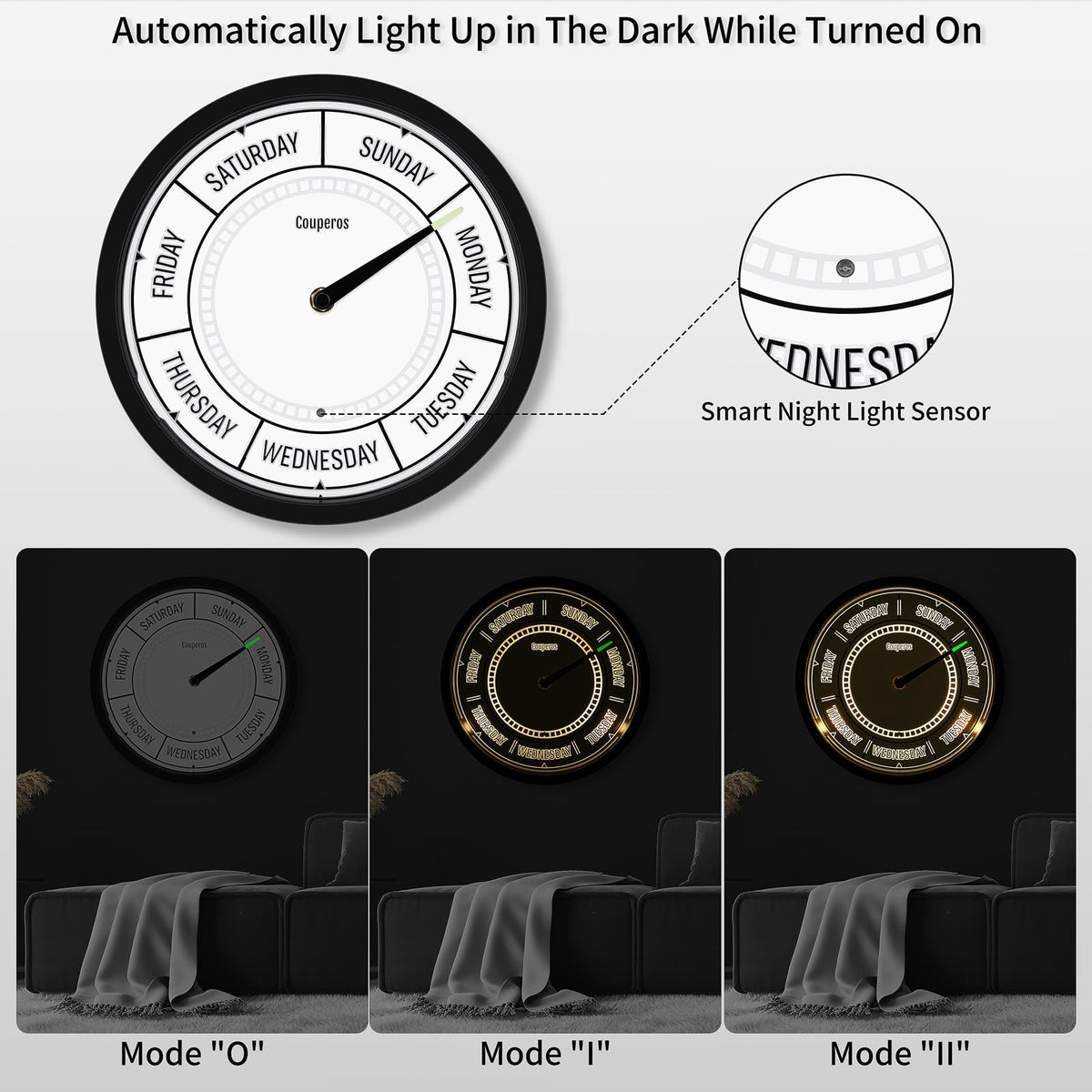 Couperos Day of The Week Wall Clock with Night Light - 12" Analog Silent Non-Ticking Clock with LED Night Light, Calendar Day Clock Perfect for Home, Office, and Retirement Gifts