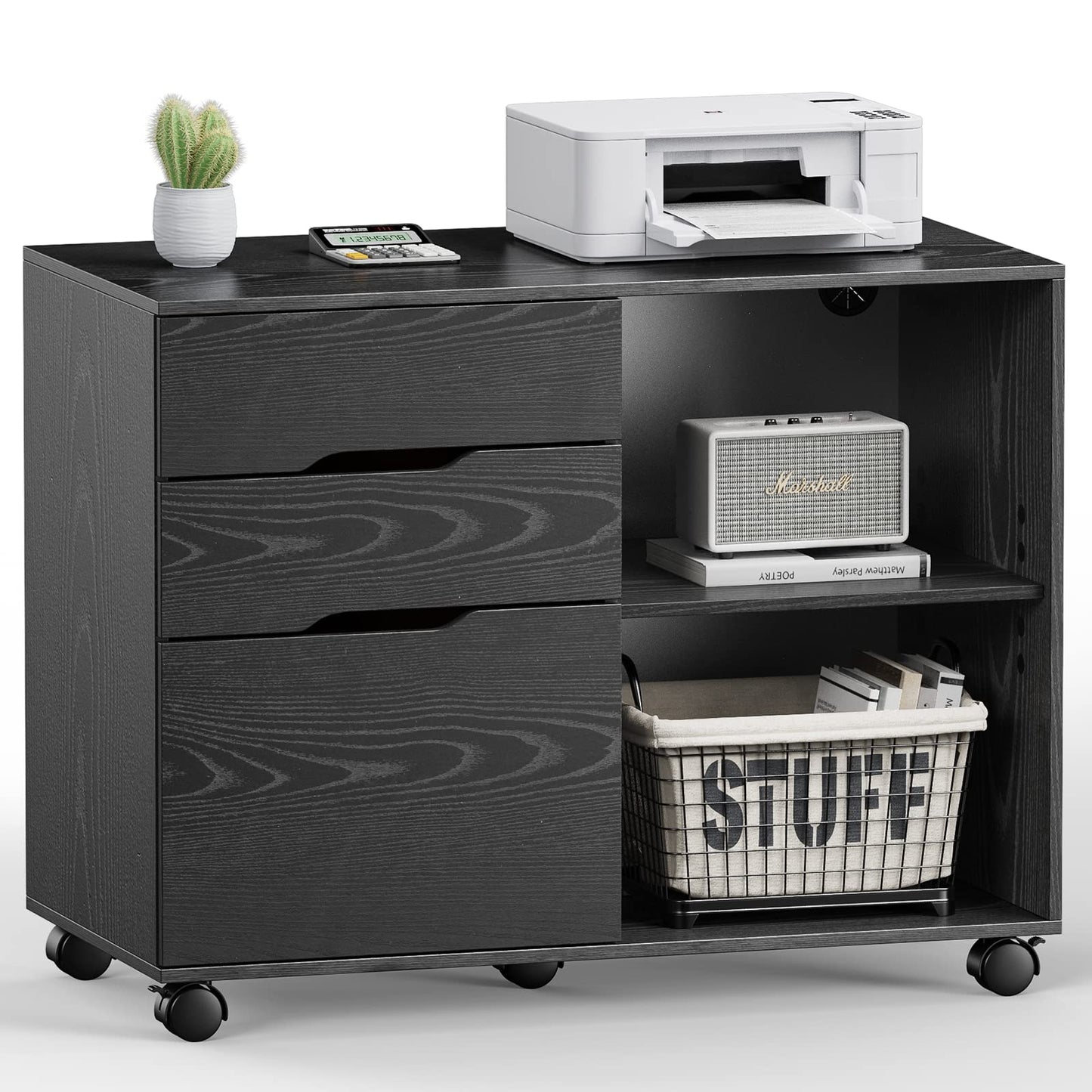 UOCFYK File Cabinet with 3 Drawers, Mobile Lateral Filing Cabinet with Open Storage Shelves for Home Office Under Desk Storage, Black