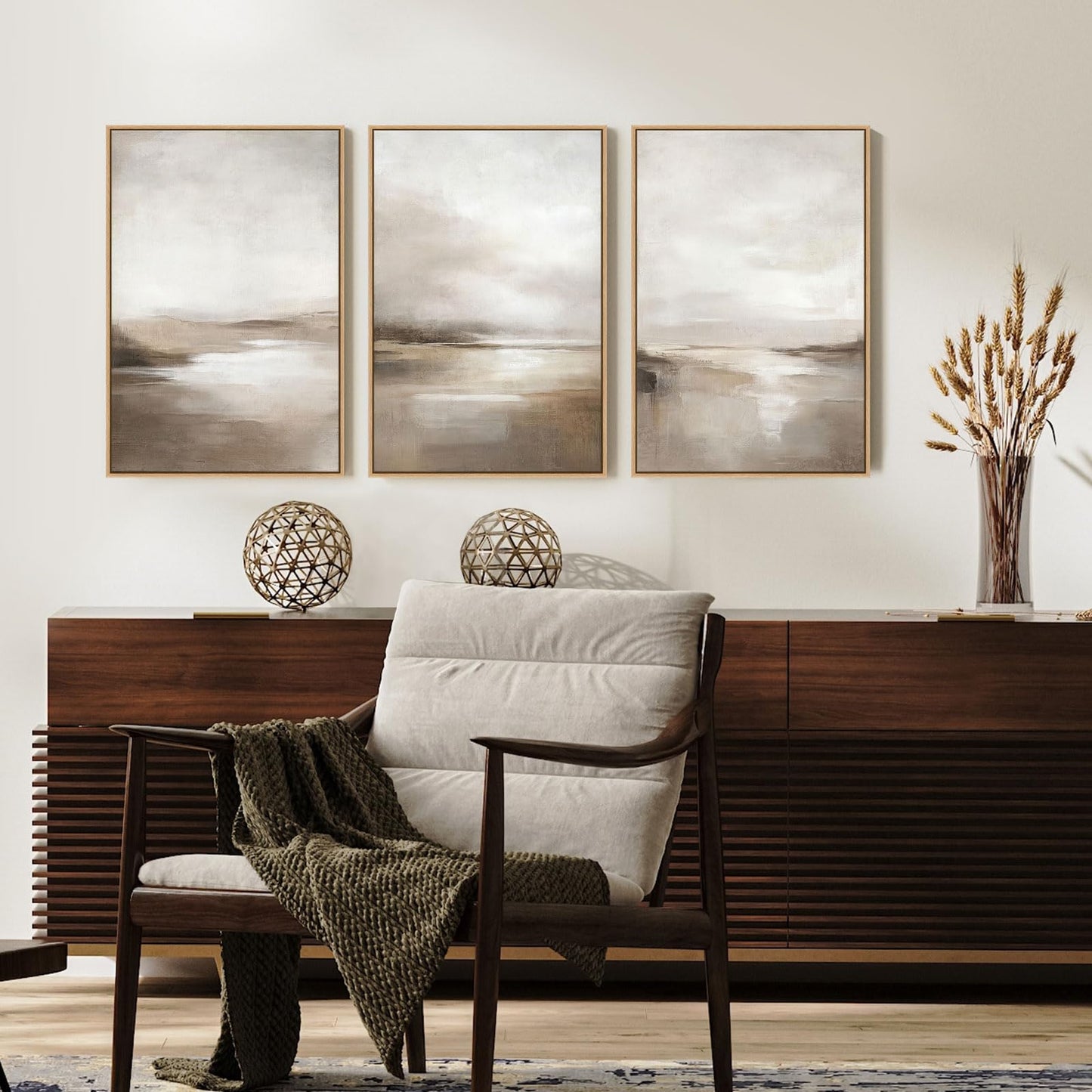 SAFERRYHOME Neutral Abstract Framed Wall Art - Minimalist Modern Nordic Calm Canvas Print Set, Landscape Shapes Earth Tone Illustrations Decor for Living Room, Bedroom - 3 Panels 16x24 Inch