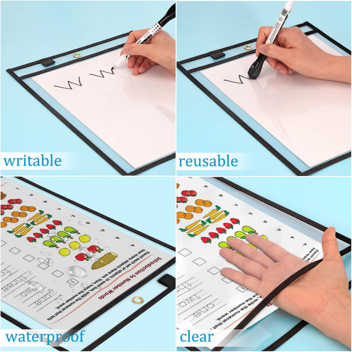 Ndsox 30 Packs Dry Erase Pockets Reusable Oversized Plastic Sleeves Clear Job Ticket Holders Heavy Duty Transparent Hanging Document Protectors for Classroom School Office Work Warehouse, Black