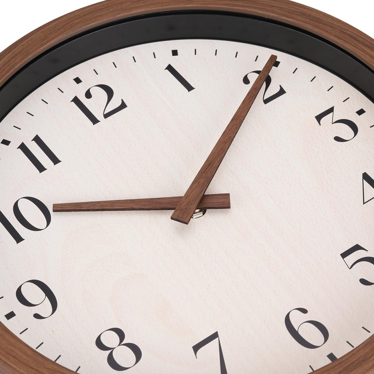 Topkey 12 Inch Round Silent Wall Clock with Wooden Hour and Minute Hands - Wood-Like Frame & White Dial for Home Office Kitchen Decor - Brown