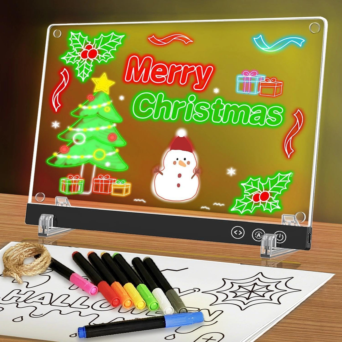 LED Magnetic Note Board with 11 Light Modes, 11.8"x7.9" Desktop Acrylic Dry Erase Board with Light, Magnetic Glowing Message Board with Stand & Hanging Chain, Professional Desktop Signage for Office