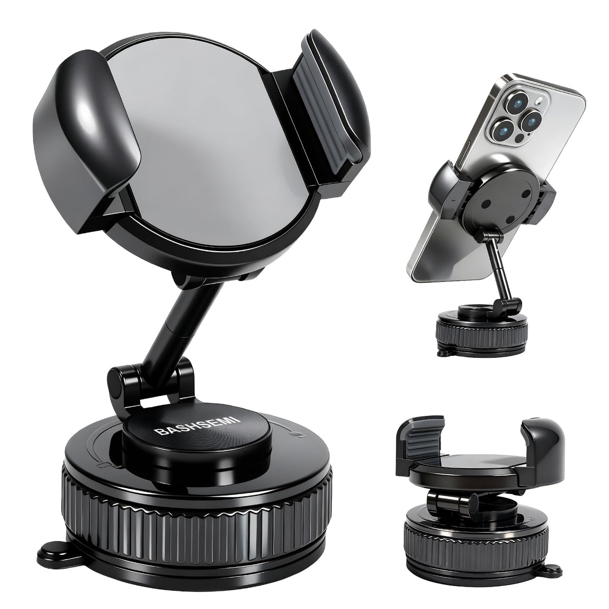 BASHSEMI Windshield & Dashboard Rotate-Lock Phone Mount – 360° Rotate Folding Car Phone Holder with Strong Suction Base & Adjustable Arm for Smartphone