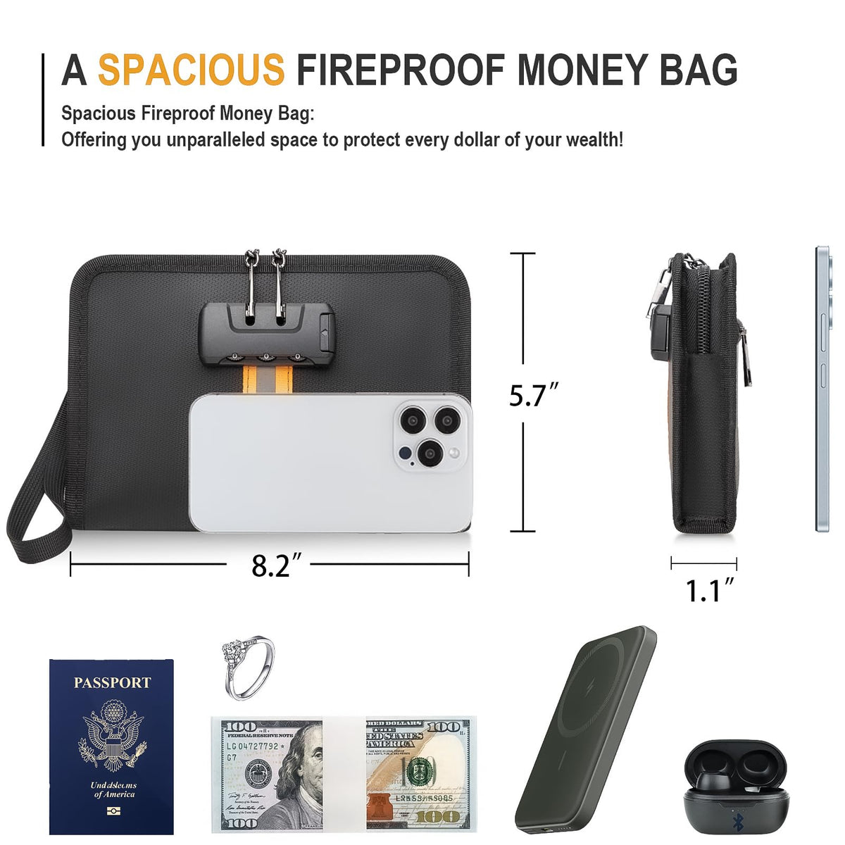 XIAODUN Fireproof Money Bag,Money Bag with Lock and Zipper,Safe Fireproof Waterproof,Suitable for Cash, Mobile Phones, Keys, Credit Cards