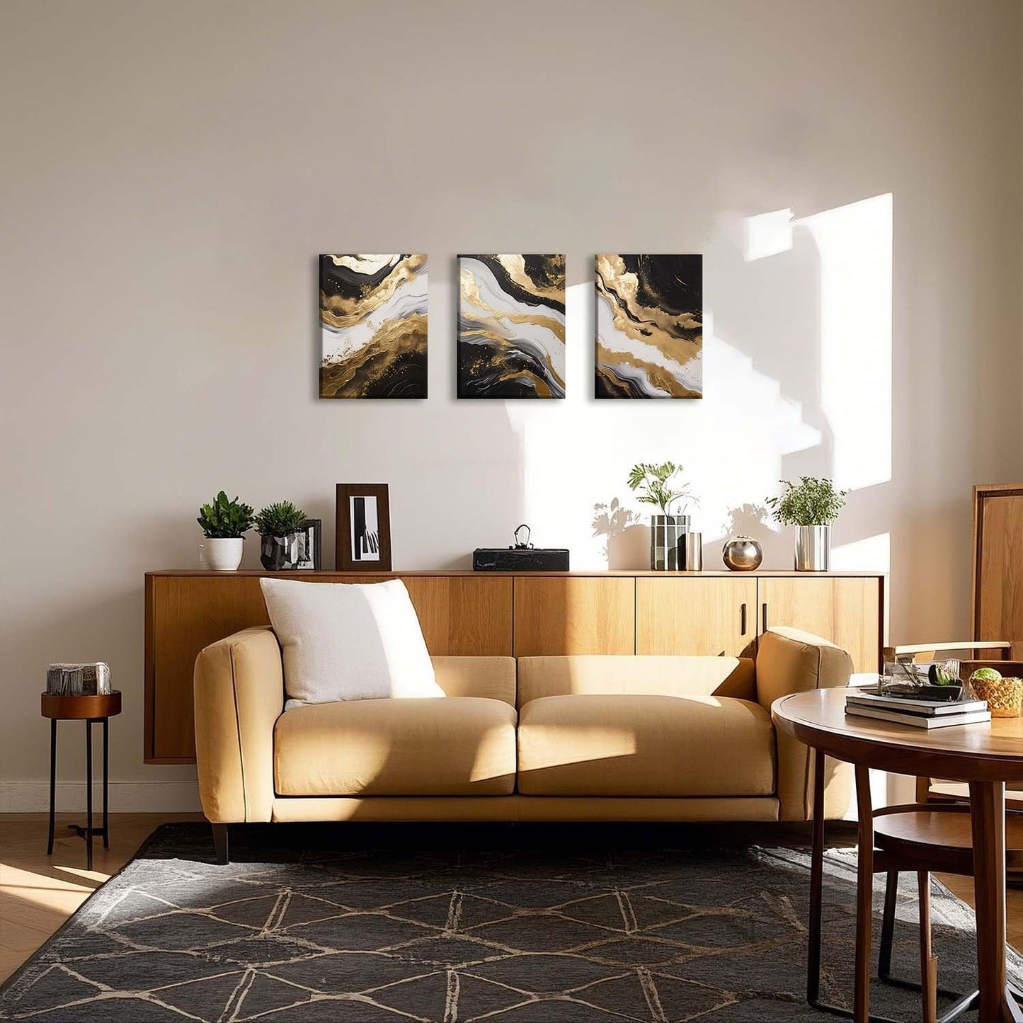 ZQARTZZQ 3 Piece Framed Wall Art Abstract Wall Decor Black Gold Pictures Marble Canvas Art Modern Minimalism Paintings Artwork For Living Room Bedroom Office 12x16in