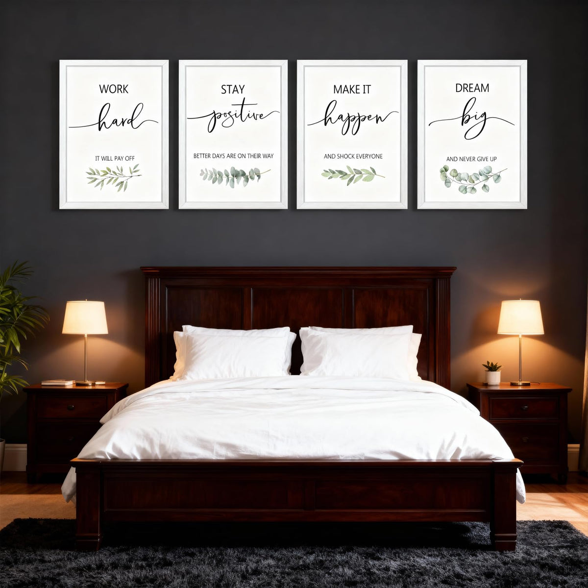 Motivational Wall Art Set of 4, 16 x 11 Inch Framed Inspirational Quotes Prints, Wooden Frame Modern Home Decor for Bedroom, Office, Living Room