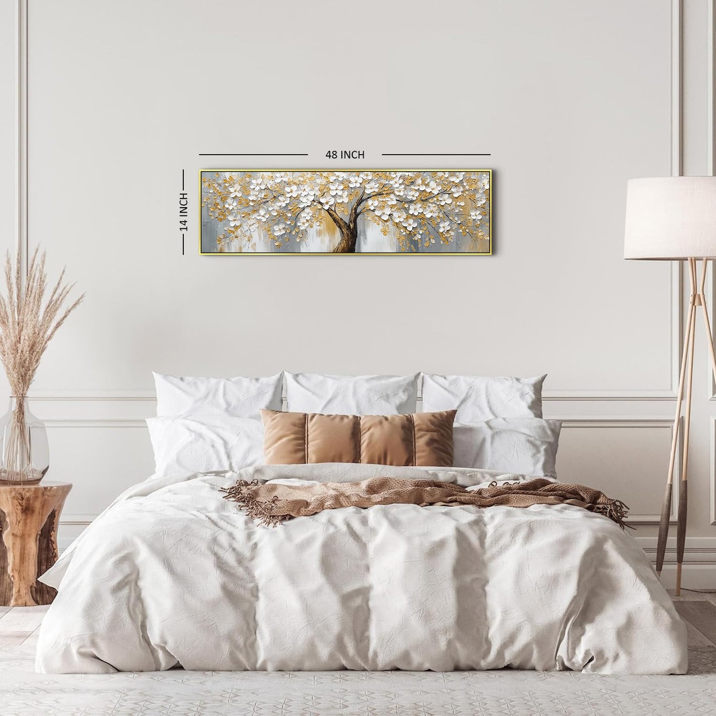 Abstract Tree Canvas Wall Art Gold Framed Modern Office Decorations,Yellow Gray Wall Decor Nature Blossom Flowers Trees Scenery Painting Poster Modern Artwork for Bedroom Home Decorations 14x48”