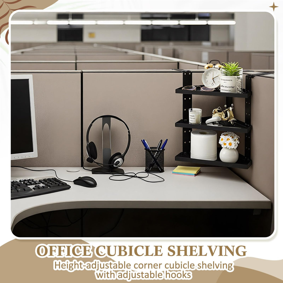 BrightRow 3 Tier Large Cubicle Corner Shelf, Office Cubicle Storage Organizer Accessories, Adjustable Corner Shelf with Hooks
