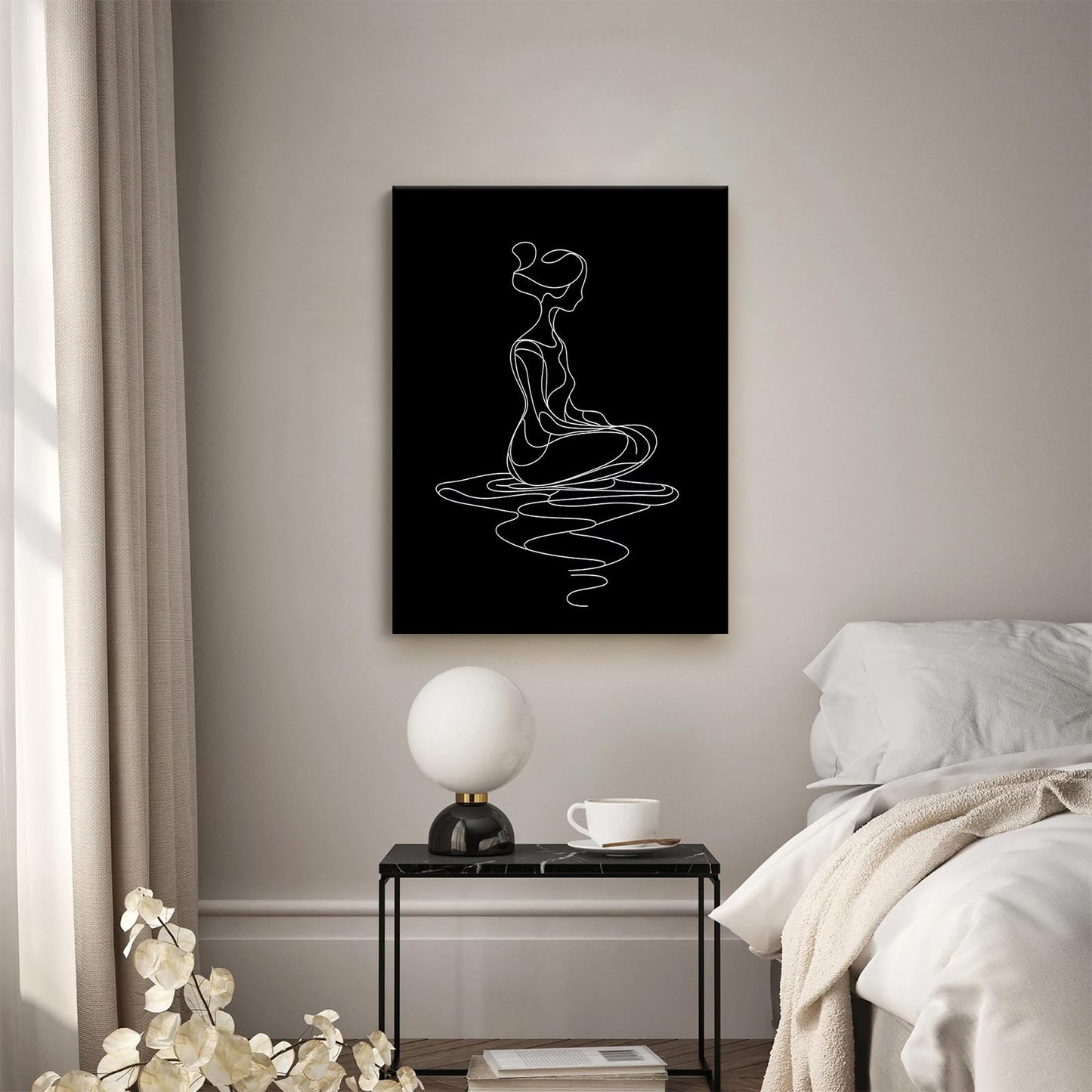 CCCHCY Minimalist Black and White Line Canvas Wall Art, Abstract Modern Zen Art Print, Meditating Woman Wall Decor, Serene Yoga Pose Artwork, Spiritual Home Décor for Living Bedroom, 12" x 16"