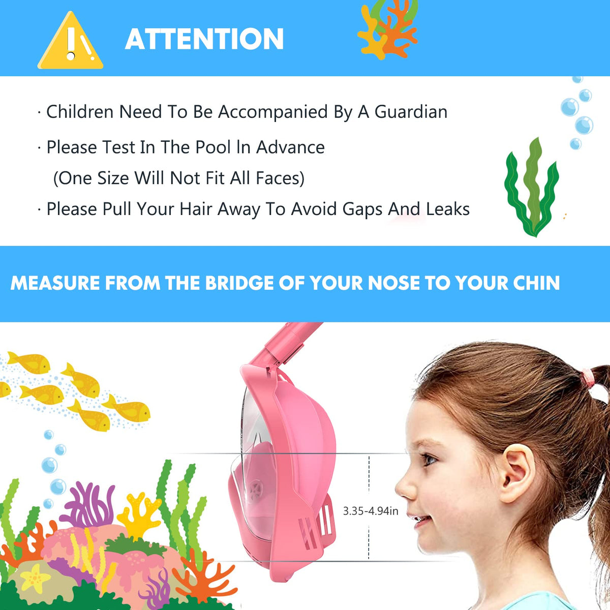 Kids Snorkel Mask Full Face, Snorkeling Gear for Kids 2-14 with Camera Mount, 180 Degree Panoramic View Snorkeling Set Anti-Fog Anti-Leak (Blue Pink)