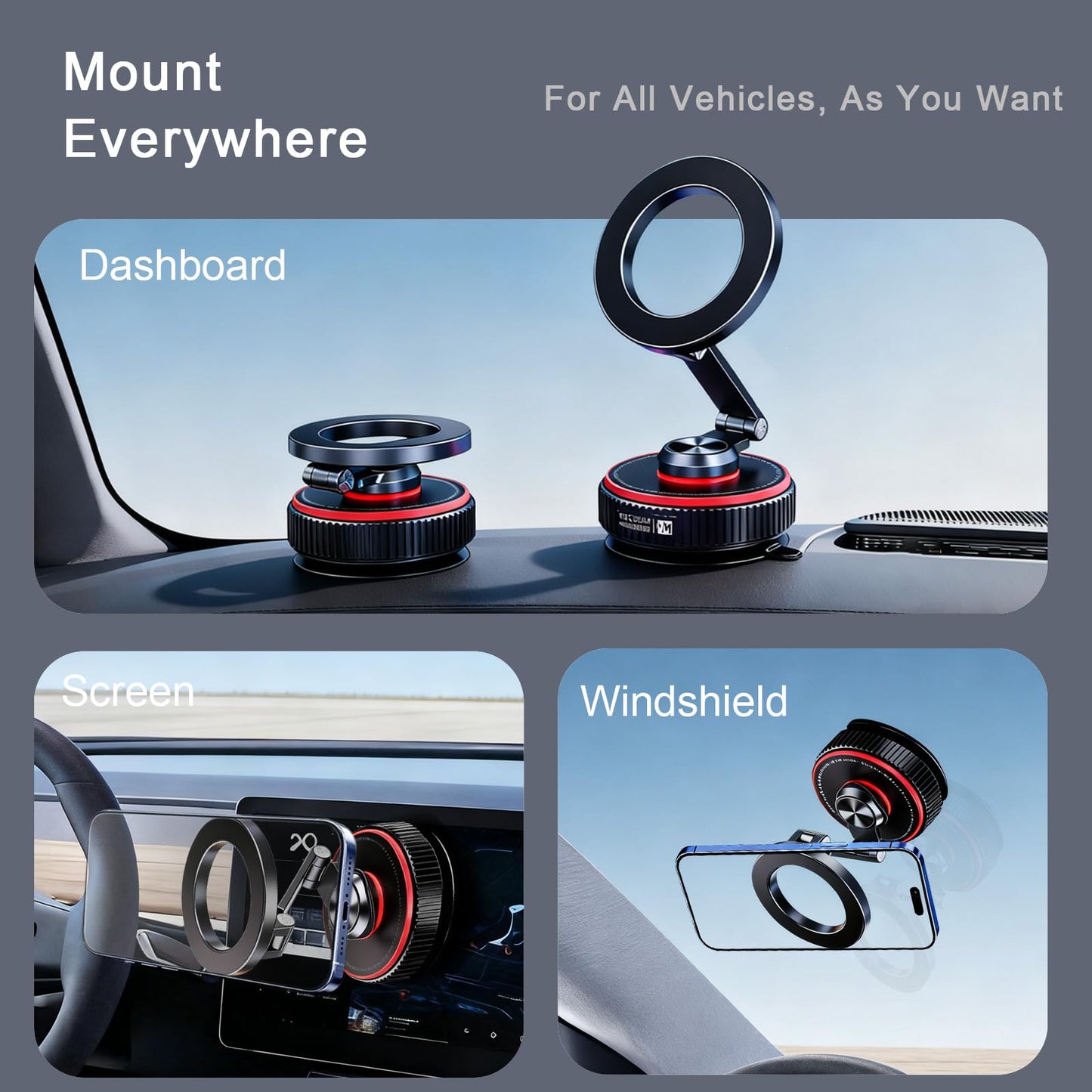 makecatch Magnetic Car Phone Mount, 120+ LB Vacuum Suction & 3000gf Magnetic Force, 360° Triple-Axis Adjustable Car Holder for iPhone & All Phones, Twist-Lock Suction Cup, Quick-Release (Black)