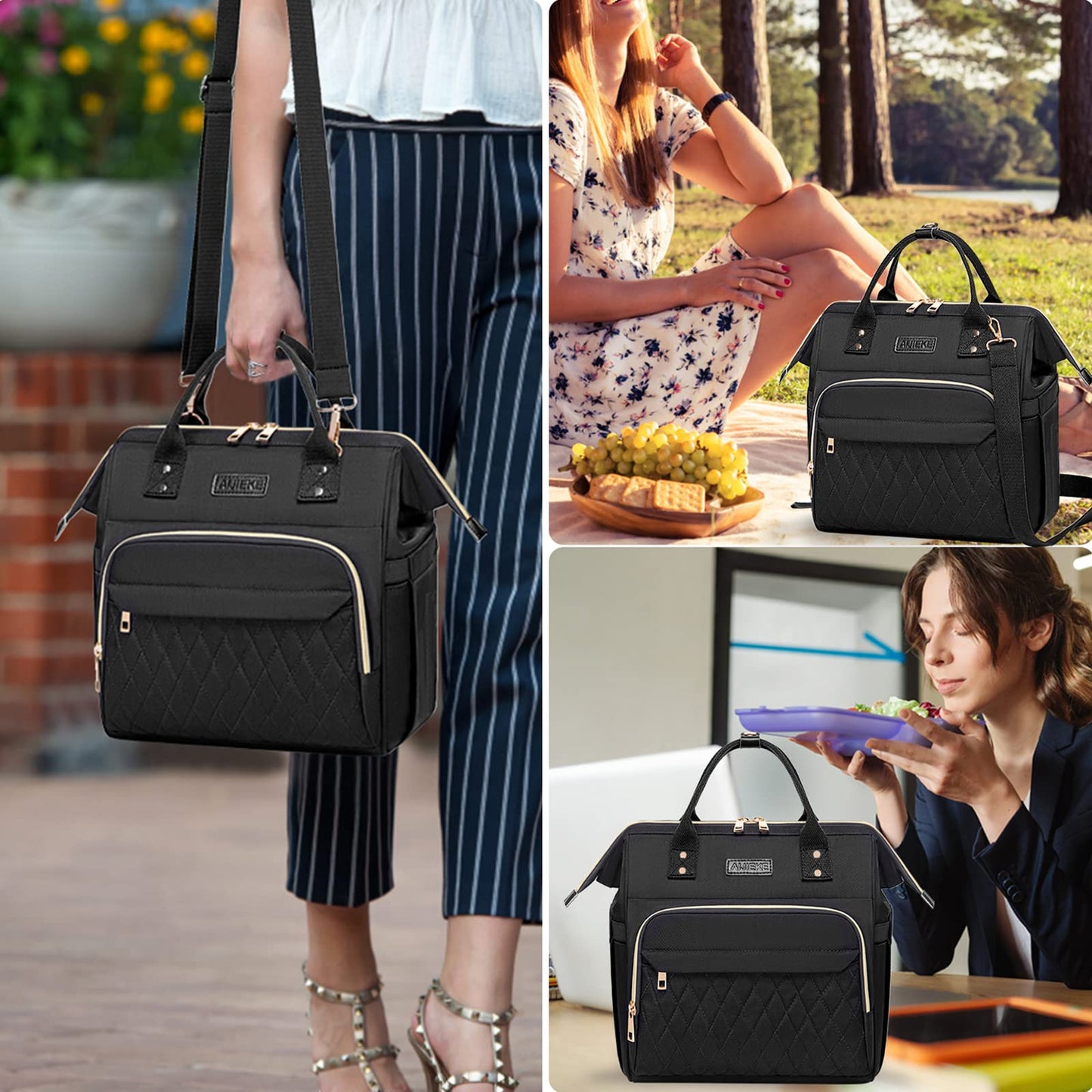 AIJIEKE Large Insulated Lunch Bag for Women, Stylish Leakproof Lunch Box for Work with Multi-Pockets & Adjustable Strap, Reusable Thermal Lunch Tote Cooler for Adult, Picnic, Beach, Black
