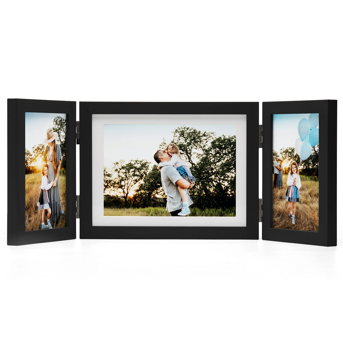 Janreefan 3 Vertical Horizontal 4X6 and 5X7 Picture Frames Hinged Folding Photo Frames in Black for Wall Hanging or Tabletop Standing, Made of Pine Wood with Real Glass P-467546-HEI