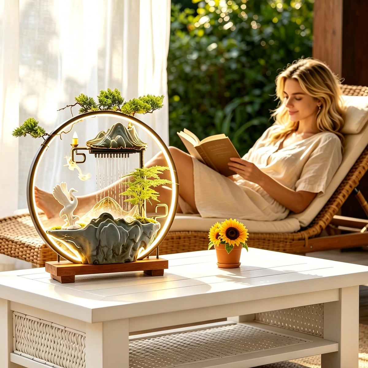 Tabletop Water Fountains Indoor Waterfall Fountain with Mist LED Light Feng Shui Wealth Desk Fountain with Backflow Incense Holder Zen Decor for Meditation (Crane)