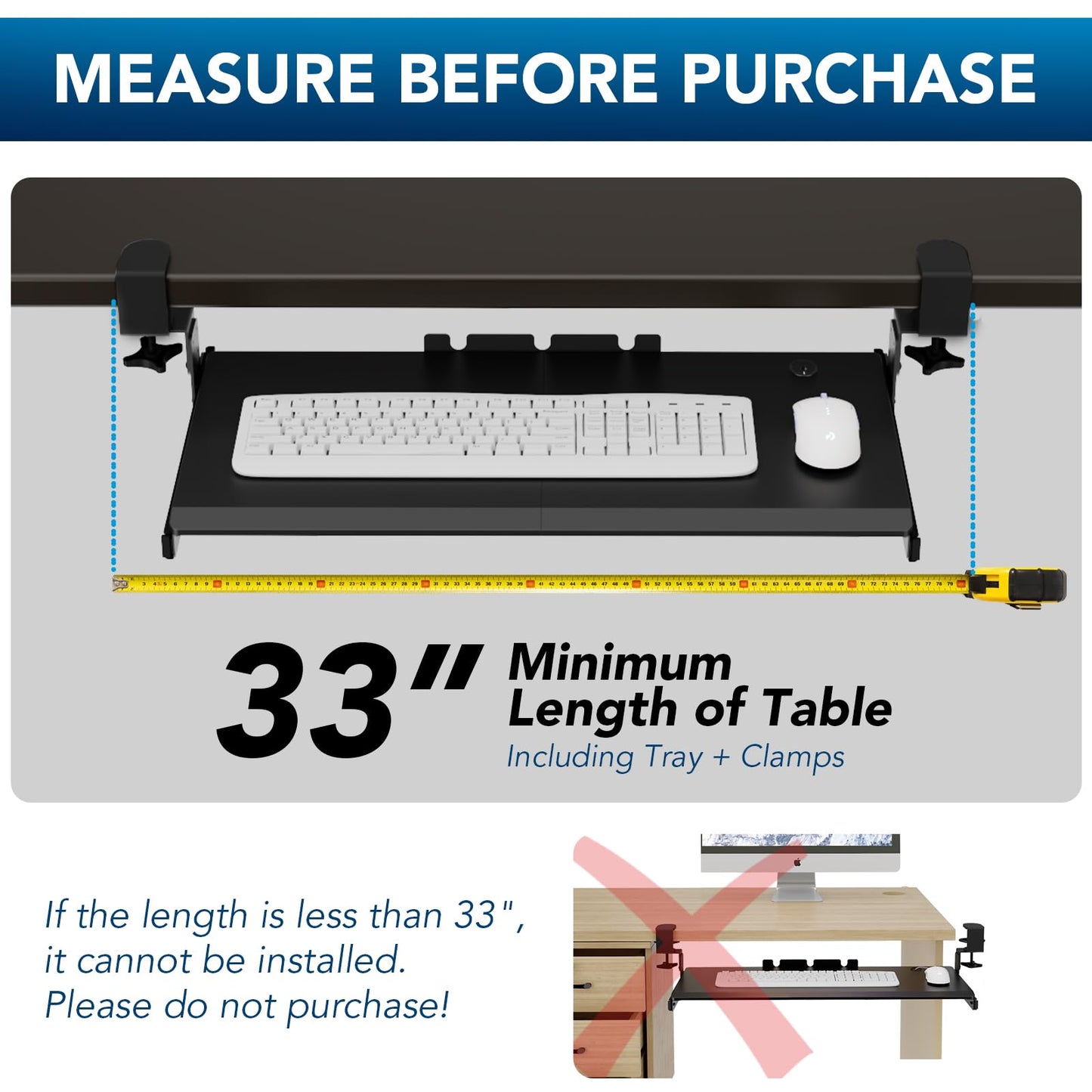 AX WABER Keyboard Tray Under Desk Pull Out with Extra Sturdy Adjustable C Clamp Mount System, 27.3 (32.5 inch Including Clamps) x 11 Inch Slide-Out Platform Computer Drawer for Typing, Black,AX01WB01
