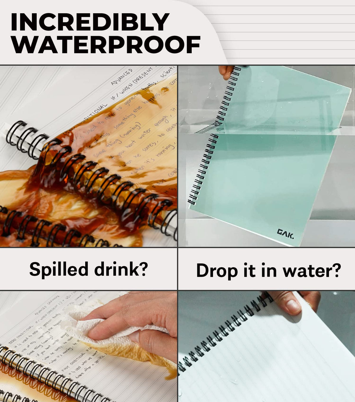 GAK. Stone Paper Waterproof Spiral Notebook, 7.20”x10.11”, 50 sheets, Durable Notebook, Eco-Friendly Mineral Stone Paper Notebook, Waterproof Notepad, Ruled, Green
