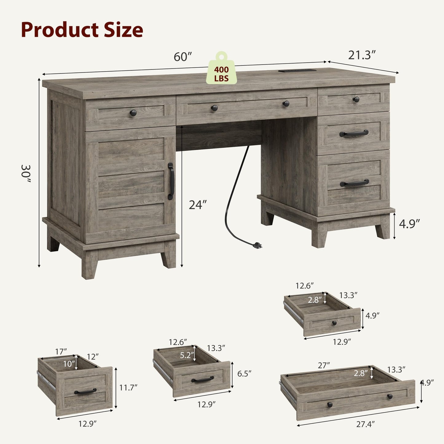 Garvee 60" Wooden Home Office Desk with File Drawers, Executive Desk with Adjustable Cabinet, Farmhouse Wood Desk with Power Outlet, Distressed Study and Work Table, Rustic Grey