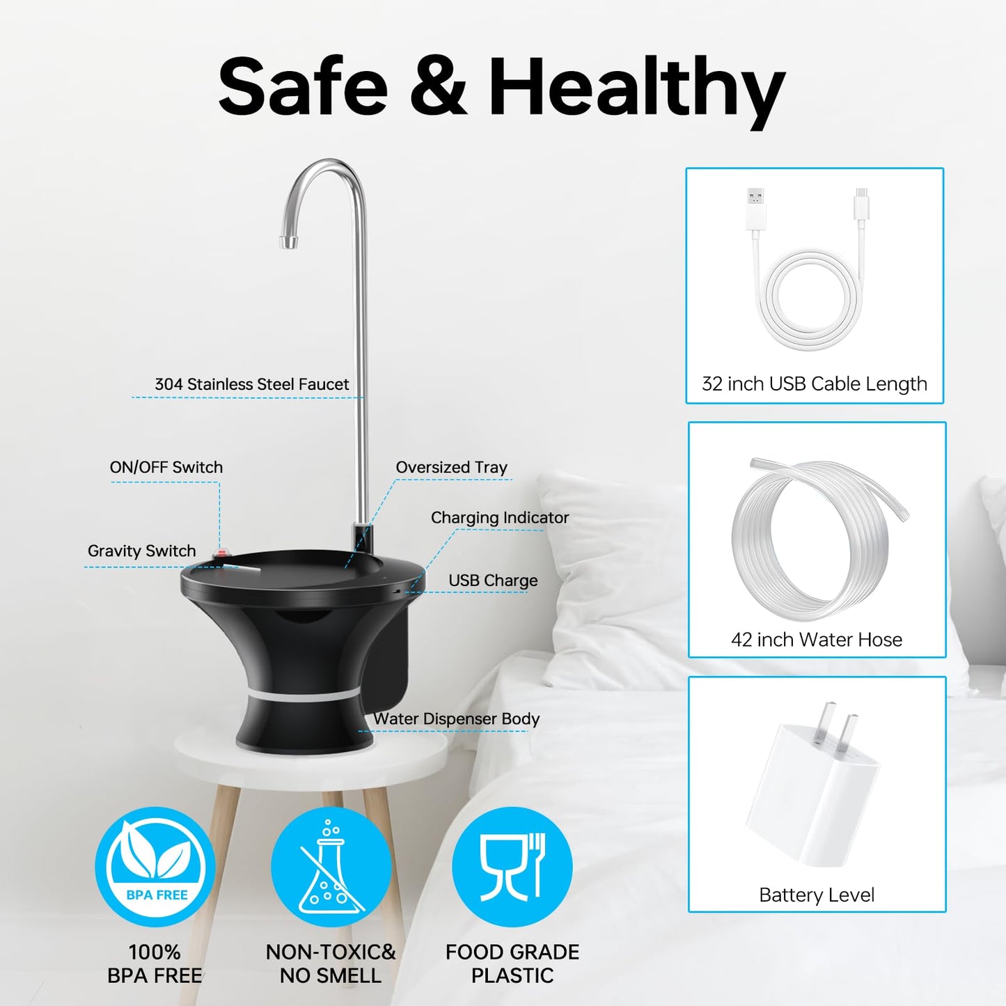 Drinking Water Dispenser Pump, Automatic Electric Drinking Water Bottle Pump for 2-5 Gallon Water Jugs, USB Rechargeable with 2 Switch Control, Stable and Portable for Home, Kitchen, Office, Camping
