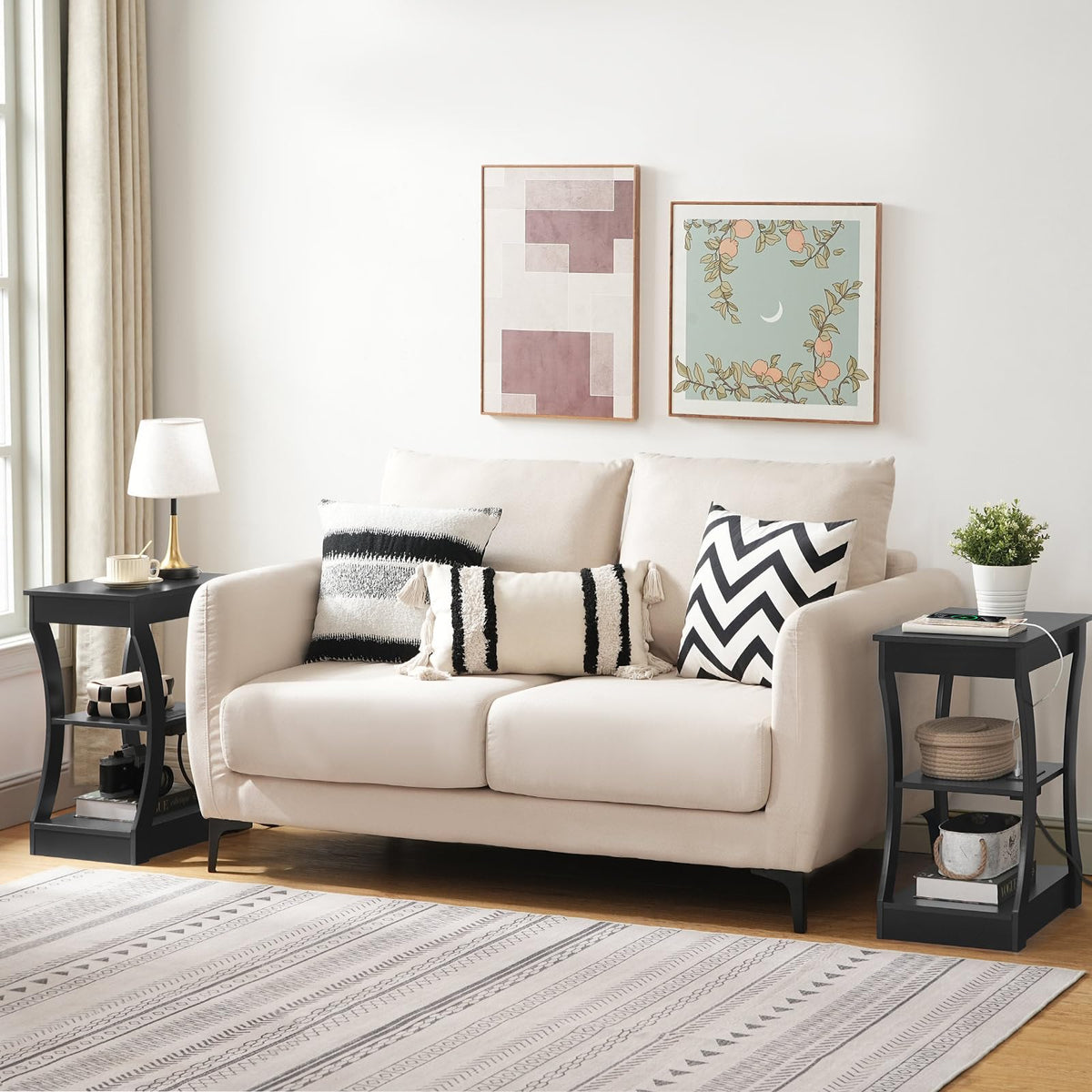 MAHANCRIS Black End Table with Charging Station, Skinny Side Table with USB Ports and Outlets, Nightstand, 3 Tier Bedside Table with Storage Shelf for Living Room, Bedroom, Small Space ETBK53E01