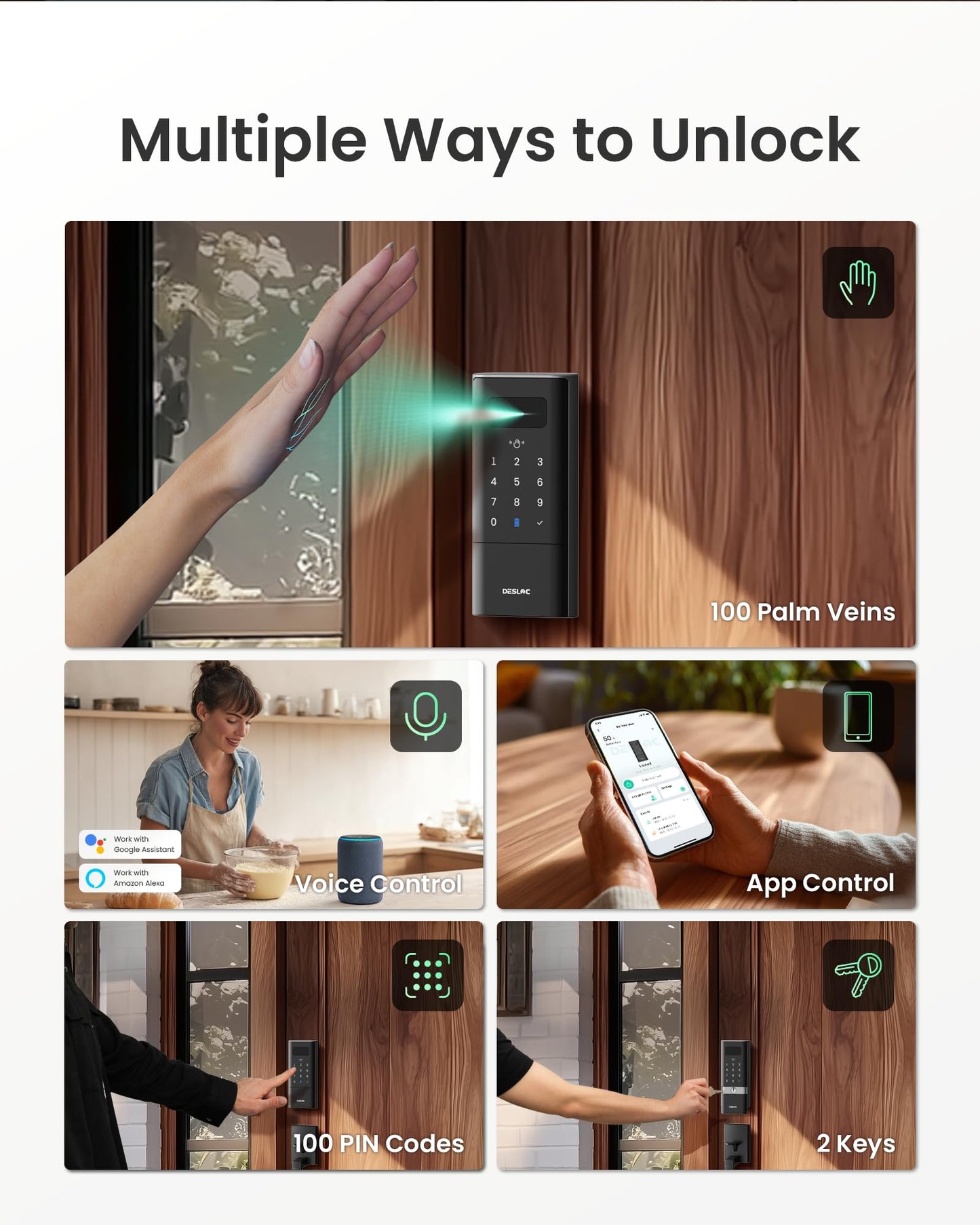 DESLOC Smart Lock K140 Plus with Palm Vein Recognition, Keyless Entry Door Lock with Keypad Deadbolt, App Control, Auto Lock Digital Door Lock for Front Door with Mechanical Key Backup, Black