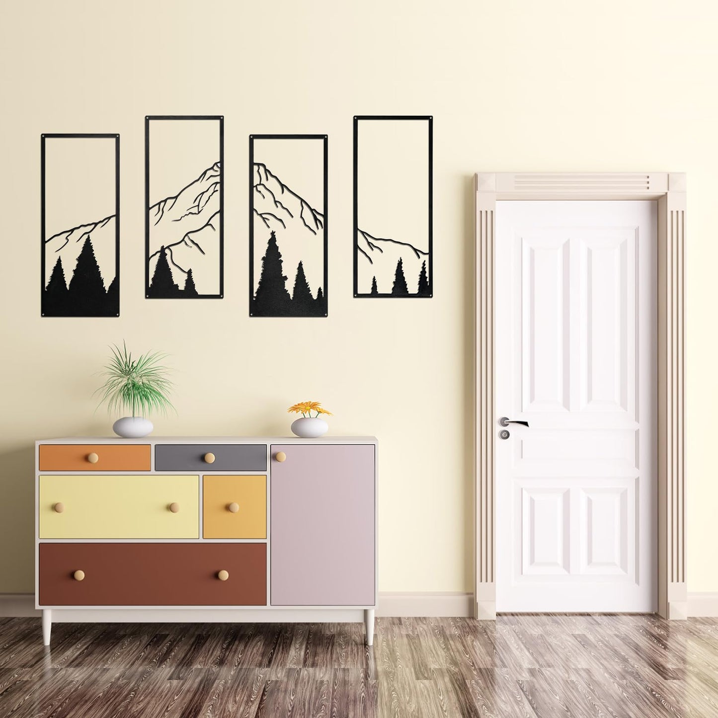 SEISSO 4 Pcs Metal Mountain Wall Art Black Mountain and Forest Wall Decor Line Drawing Metal Wall Sculptures Minimalist Rustic Nature Wall Art Decor for Living Room Office Bedroom Home 17 x 7.5 In