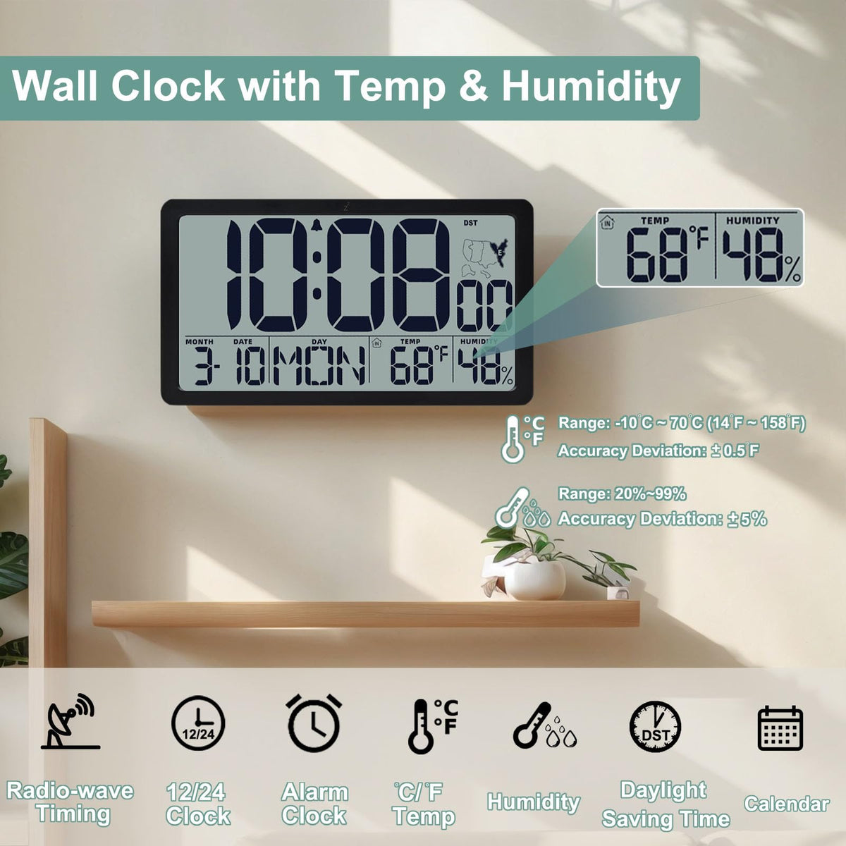 Atomic Wall Clock Battery Operated,10.5 inch Digtial Desk Clock with Temperature and Humidity,Self-Setting Alarm Clocks with 57 Ringtones,Auto DST, Large LCD Display for Seniors Batteries Included