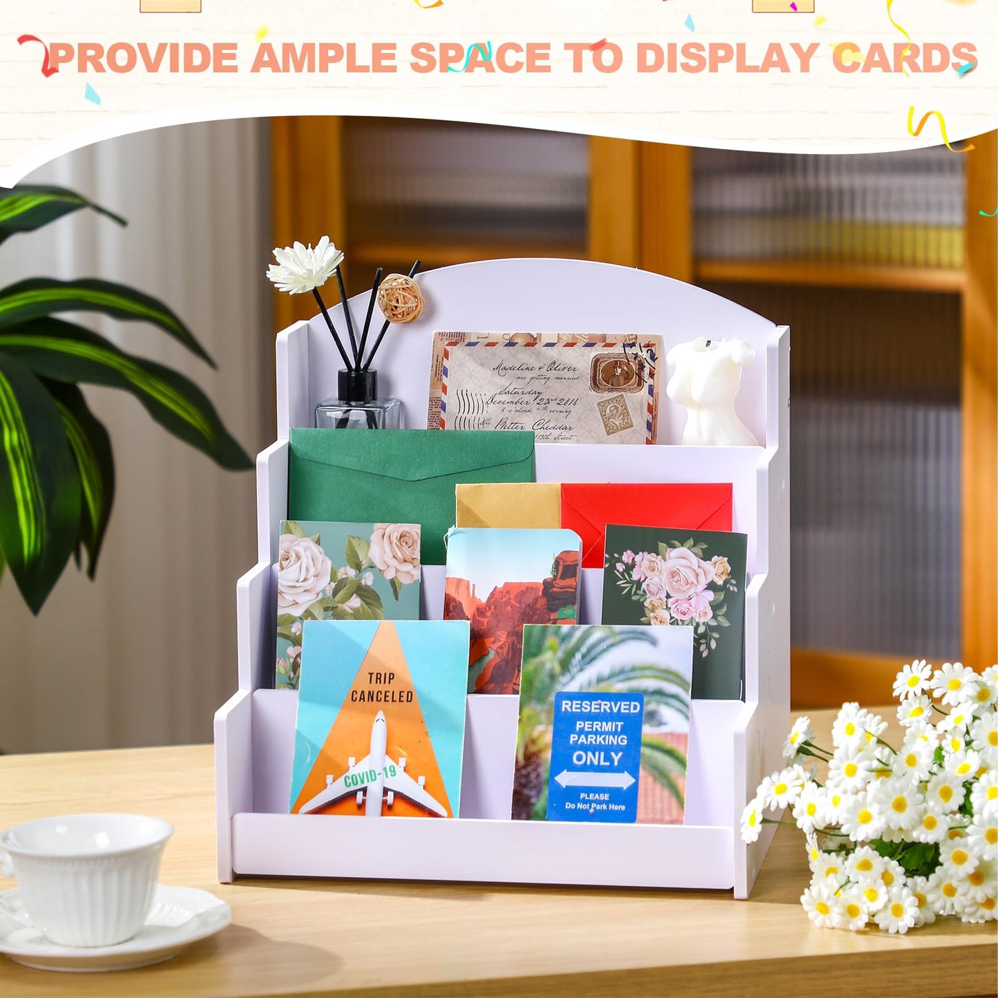 Sunnychicc 1 Pack 4-tiered Greeting Card Display Stand Bookmark Organizer Display Multi Purpose PVC Displaying Rack for Stickers Postcard Love Note Vendors Booth Brochure (13.2 x 12 x 10.2 Inch,White)
