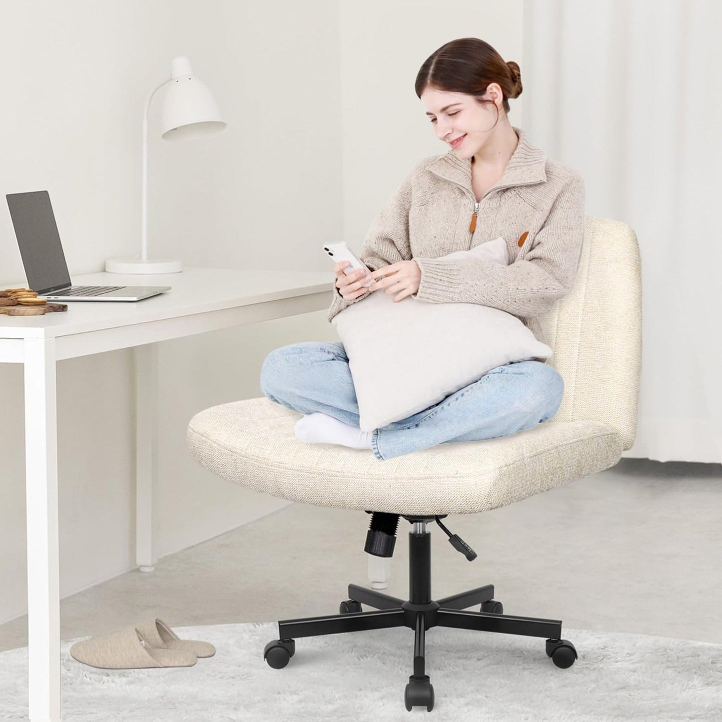 Orange Factory Criss Cross Chair Wheels Wide Cross Legged Office Desk Vanity Chair Comfy Fabric Armless Adjustable Swivel for Home Computer Task (Beige Wheel, Fabric)