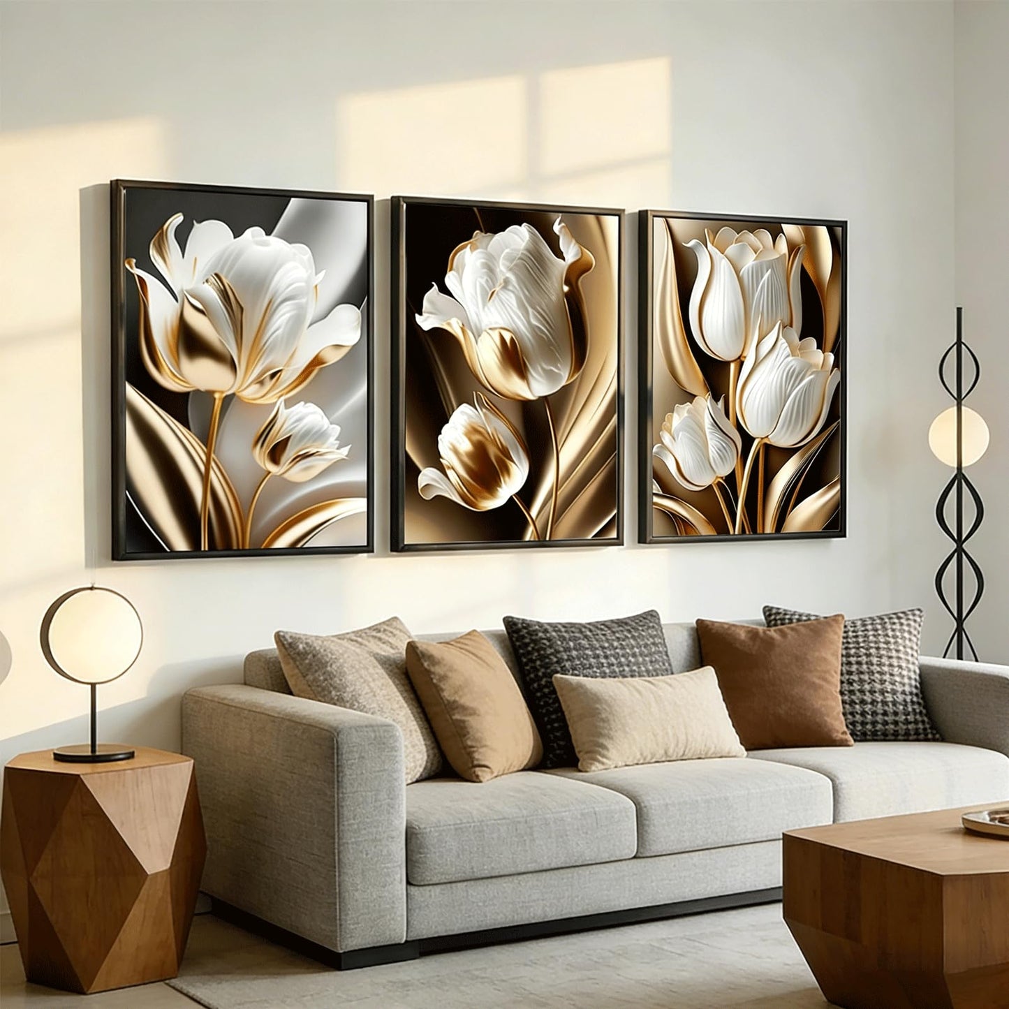 3Pcs Abstract White Gold Floral Wall Art Modern Luxury Minimalism Painting Pictures Wall Decor tulip Plants Posters Prints Artwork for Living Room Bedroom Office Home Decoration 12 x 16in unframed