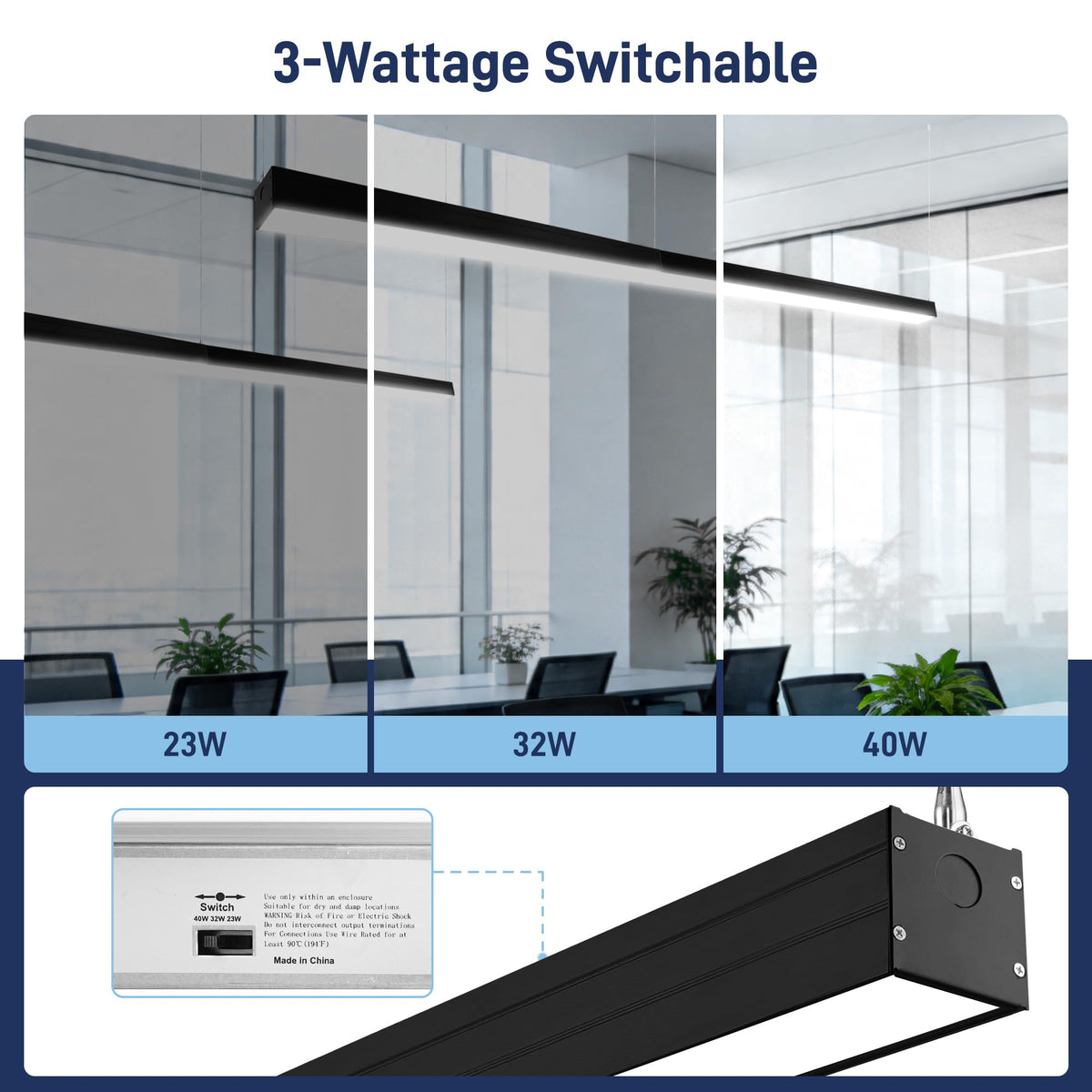 hykolity 4FT LED Architectural Suspended Linear Channel Light Linkable, 23/32/40W 3000K/4000K/5000K CCT Selectable, 0-10V Dim Office Lighting Fixture for Commercial Places, 4600lm, ETL, 4 Pack - Black