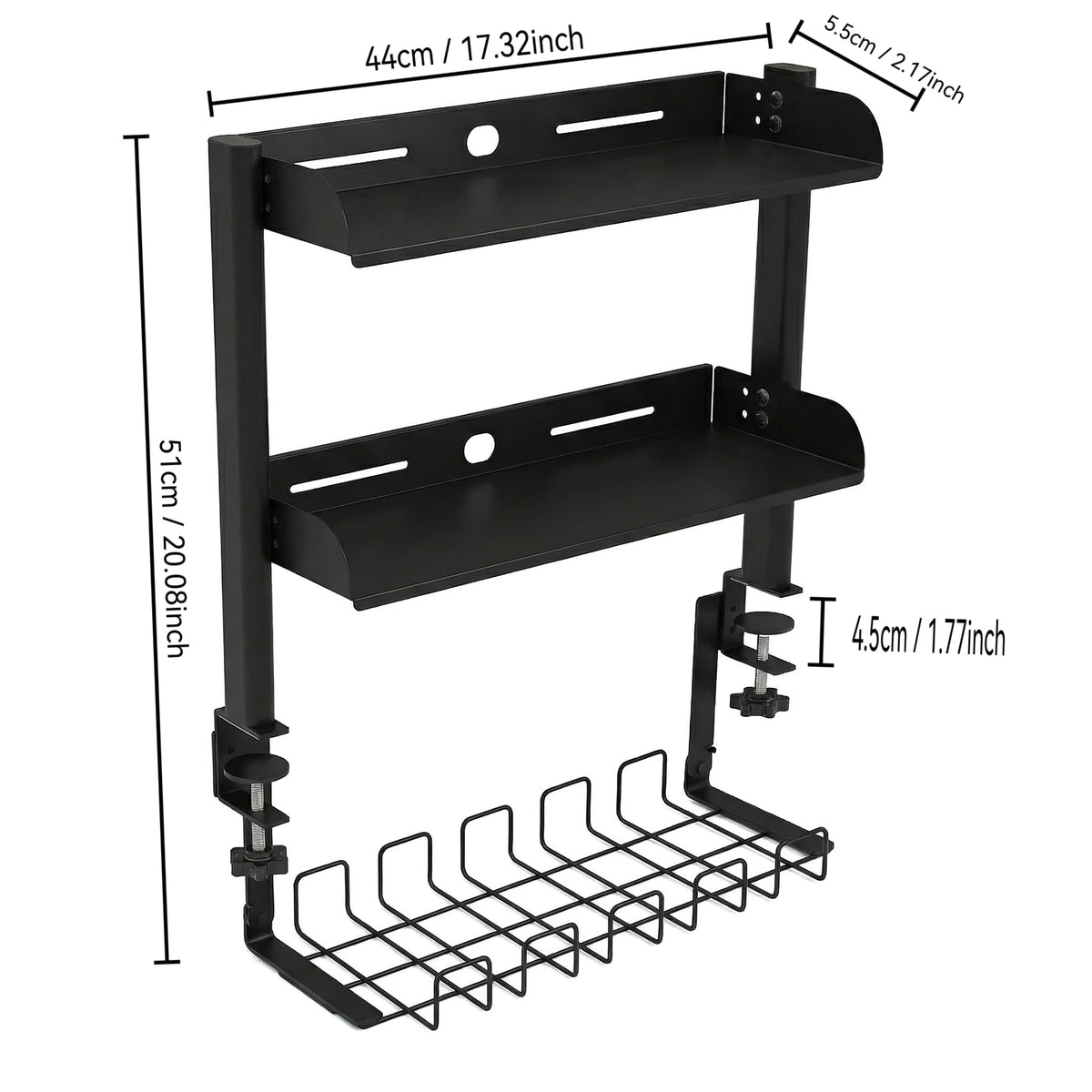 Clamp On Desk Shelf, 17'' 2-Tier Desktop Organizer Shelf with Under-Desk Hidden Storage Basket, Heavy-Duty Desk Shelves for Top of Desk, Space-Saving Desk Storage for Home Office Gaming Setup (Black)