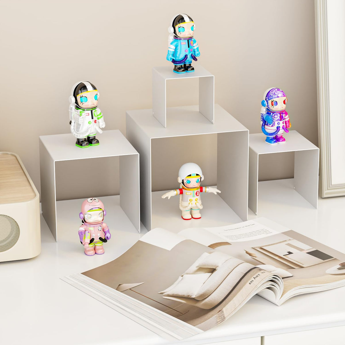 NEETBU Matte Metal Display Stand, 8 Pcs 2 Set Display Risers for Display, Metal Rectangular Display Shelf Holders for Showcase, Dessert, Perfume, Vendor Events, Cupcake Stands, Toys Display Shelves ( White, 3''x4''x5"x6" )