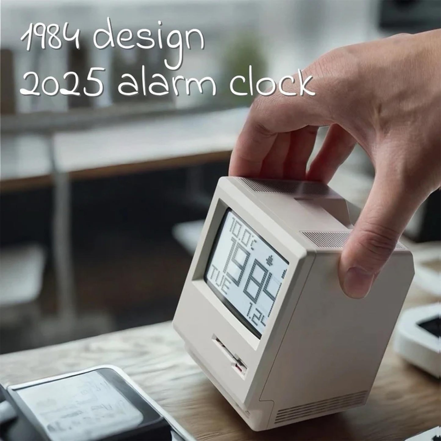 RayCue Maclock WB-8 Retro Pixel Alarm Clock - 1984 Computer-Inspired USB Desk Clock with Pixel Display, Multiple Alarms & Adjustable Brightness | Maclock Calendar, Temperature, Unique Retro Tech Gift
