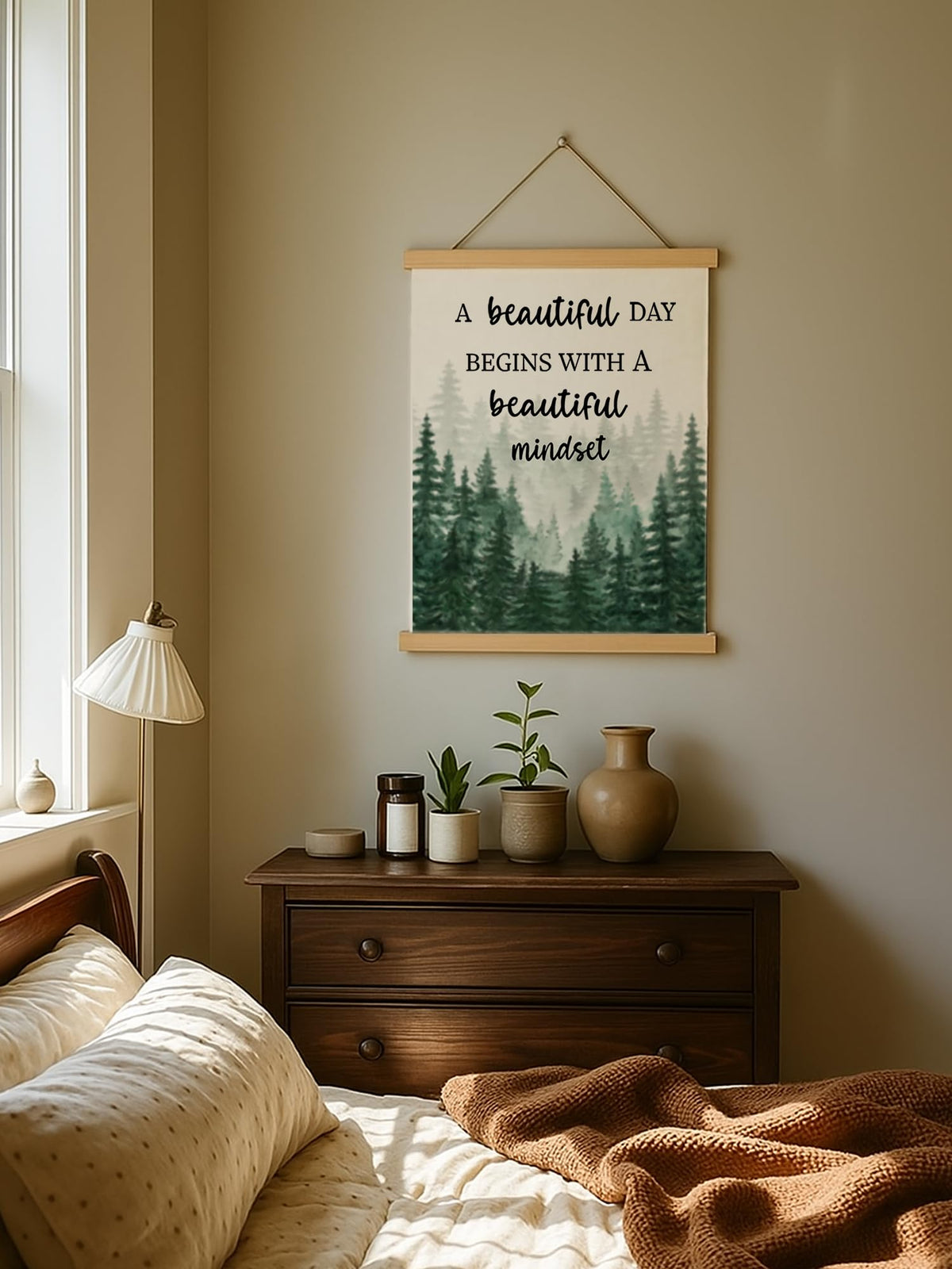 Mindset Framed Canvas Wall Art - A Beautiful Day Begins with a Beautiful Mindset Hanging Canvas Wall Decor for Bedroom Office, Nature Forest Mountain Positive Hanging Poster, Inspirational Gifts for Women