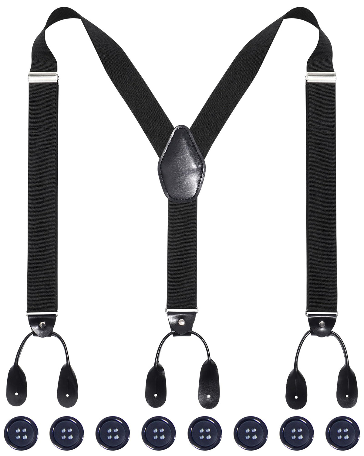 Kajeer Mens Adjustable Button End Suspenders - Y-Back Elastic Tuxedo Suspenders with Heavy Duty Leather Buttons End (Black)