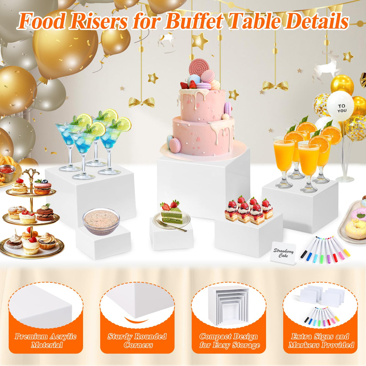 6 Pcs White Acrylic Buffet Risers with Mini Sign and Maker, Food Display Stands for Buffet Table Party Catering Dessert Jewelry Collectibles,Nesting Cube Boxes with Hollow Bottoms (8",7",6",5",4",4")