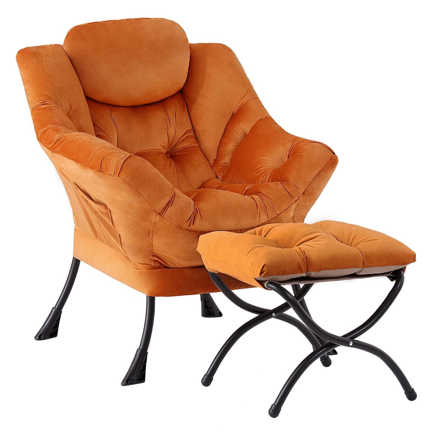 Givjoy Lazy Chair and Ottoman, Large Accent Orange Velvet Chair with Side Pocket, Modern Leisure Upholstered Reading Armchair with Footrest for Office, Bedroom, Living Room, Dorm Rooms, Balcony