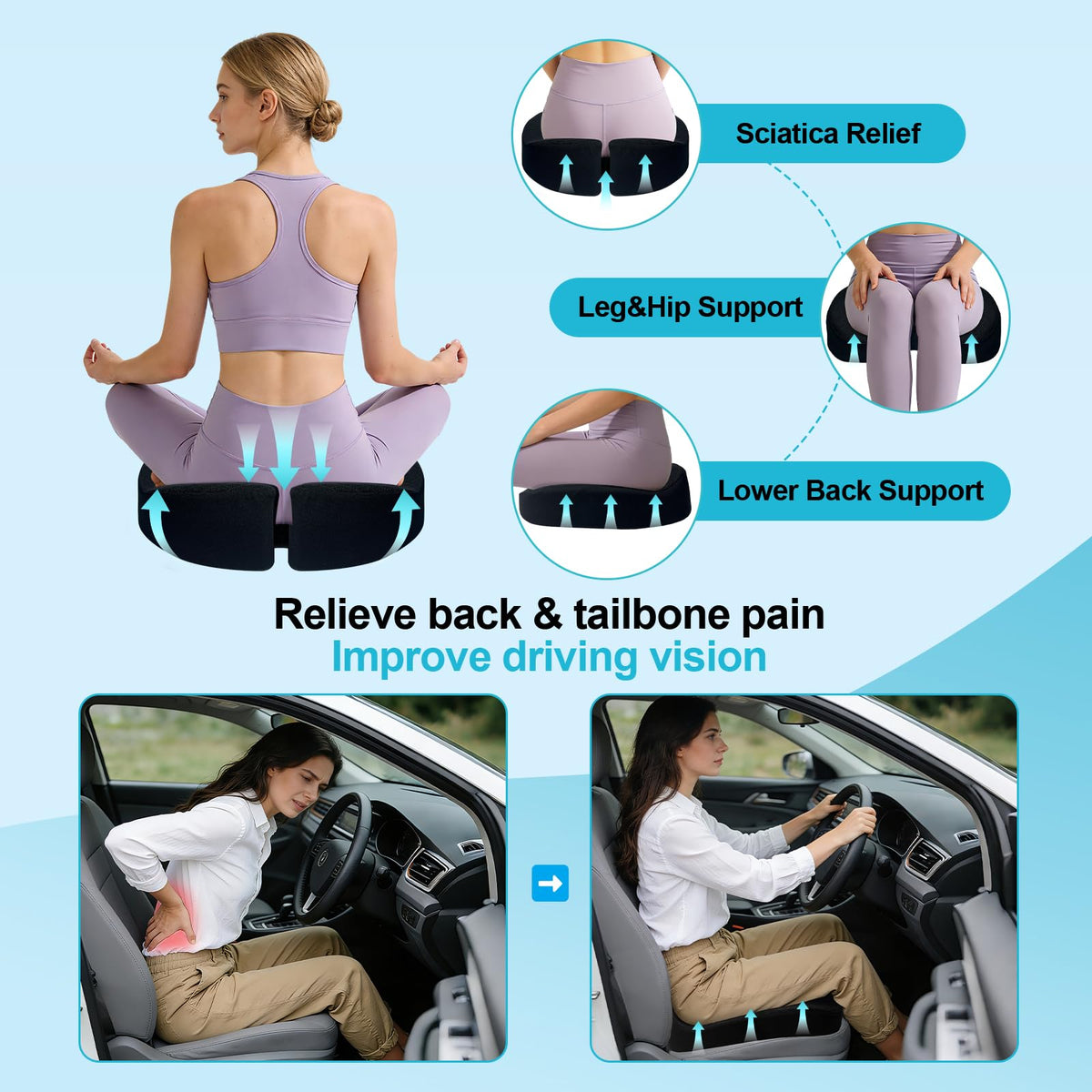 Car Seat Cushion - Premium Gel & Memory Foam Office Chair Cushions for Back,Sciatica,Coccyx,Tailbone Pain Relief, Driver Pillow for Auto, Gaming,Desk, Wheelchair,Truck (Black)