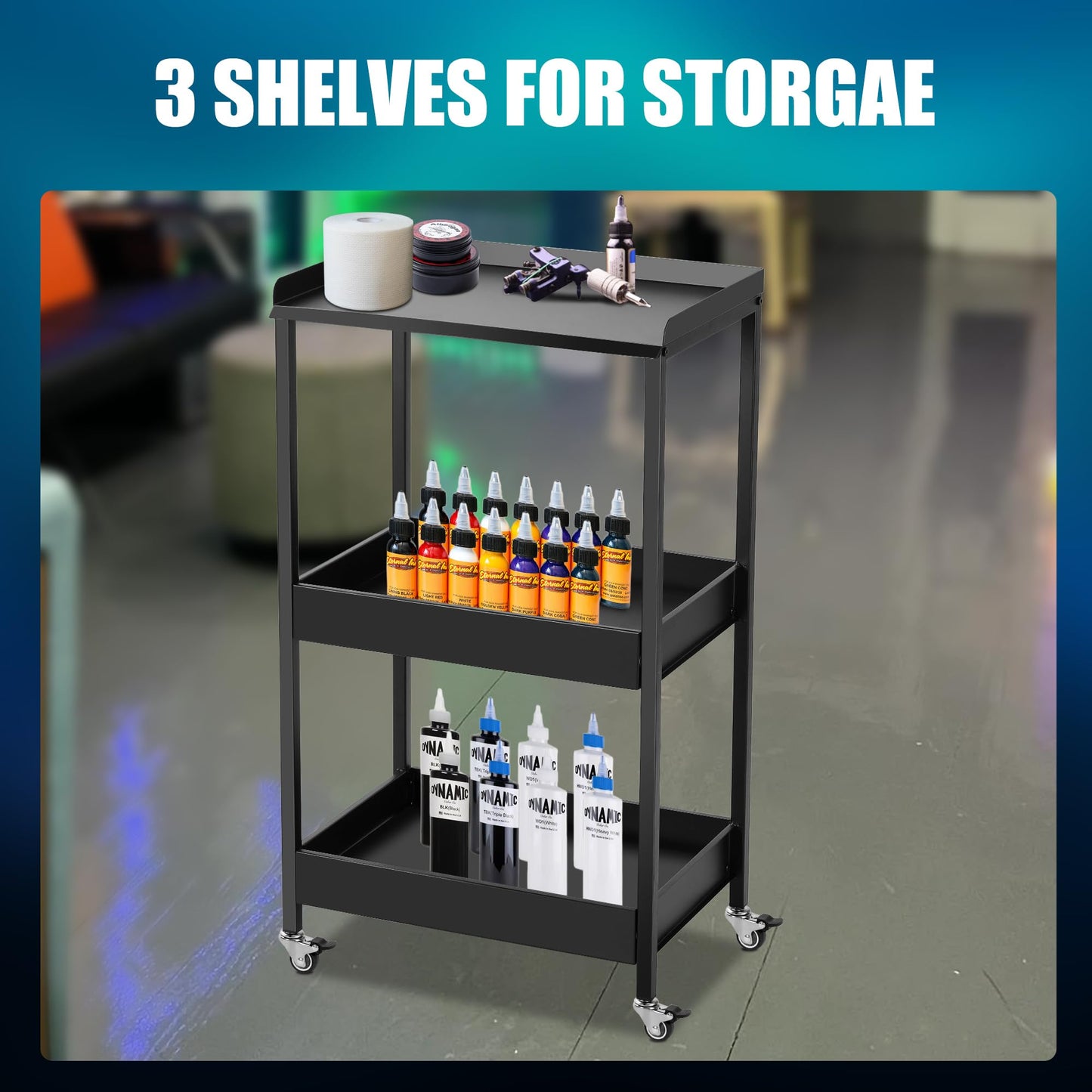 Poarmeey 3-Tier Tattoo Trolley Holder Stand with Tray and Tool Storage Platform Rolling Cart on Wheels for Tattoo Salon Spa Clinics Office Home Use