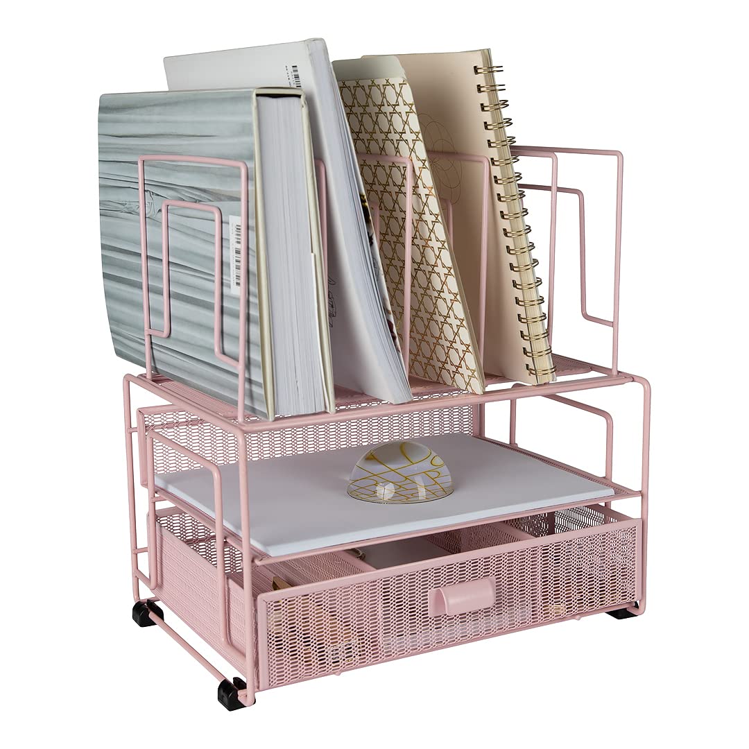 BLU MONACO | Pink Desk Organizer with Drawer | Wire Mesh Desk Organizer File Sorter | Metal Desktop Storage for Office Workspace
