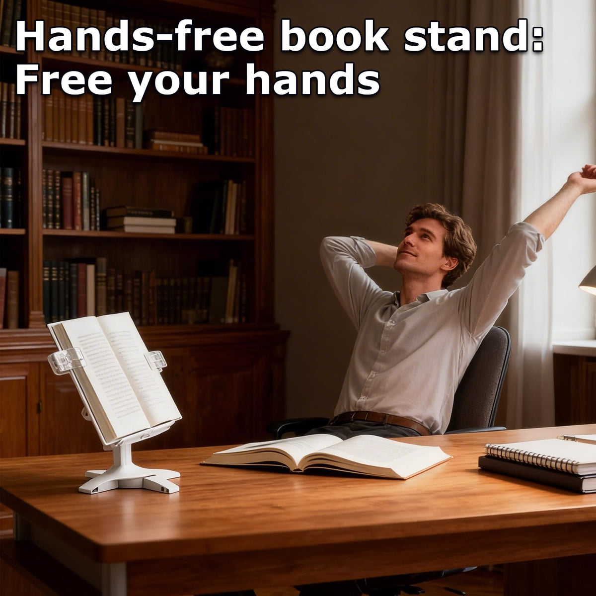 Adjustable Book Stand for Reading,160° Rotating Hands Free Book Stand,Adjustable Height and Angle Recipe Book Holder, with Extendable Page Clips, for Tablet,Laptop,Magazine,Recipe