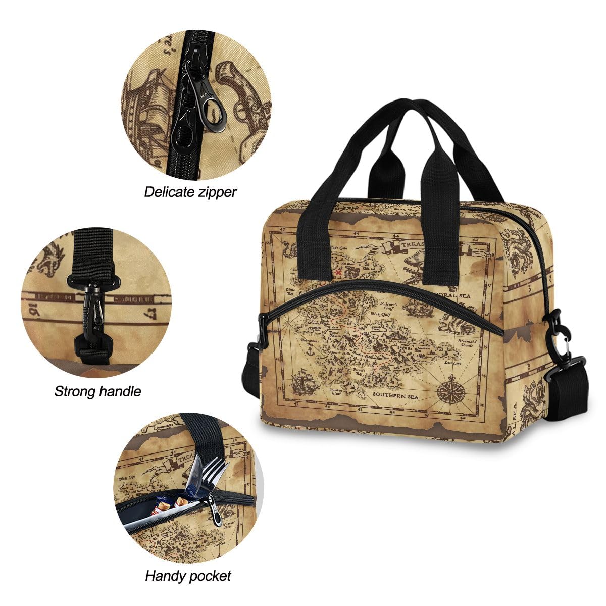Lunch Bag for Kids Pirate Treasure Map Insulated Cooler Lunch Box Large Capacity Lunch Organizer for Boys Girls