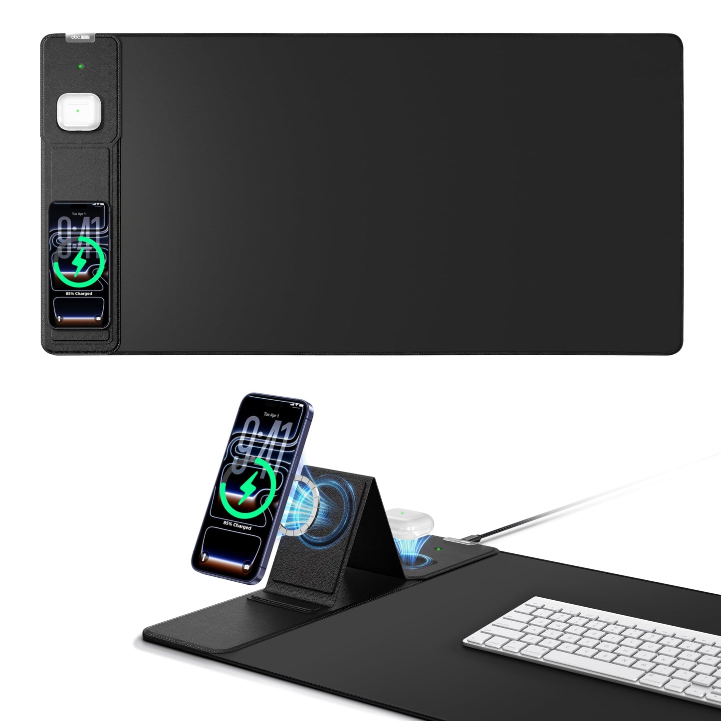 Mouse Pad with Magnetic Wireless Charging & Adjustable Phone Stand, 31.5"x15.8" Extended Desk Mat, Waterproof Ultra-Smooth Keyboard Pad, Non-Slip Base, Black
