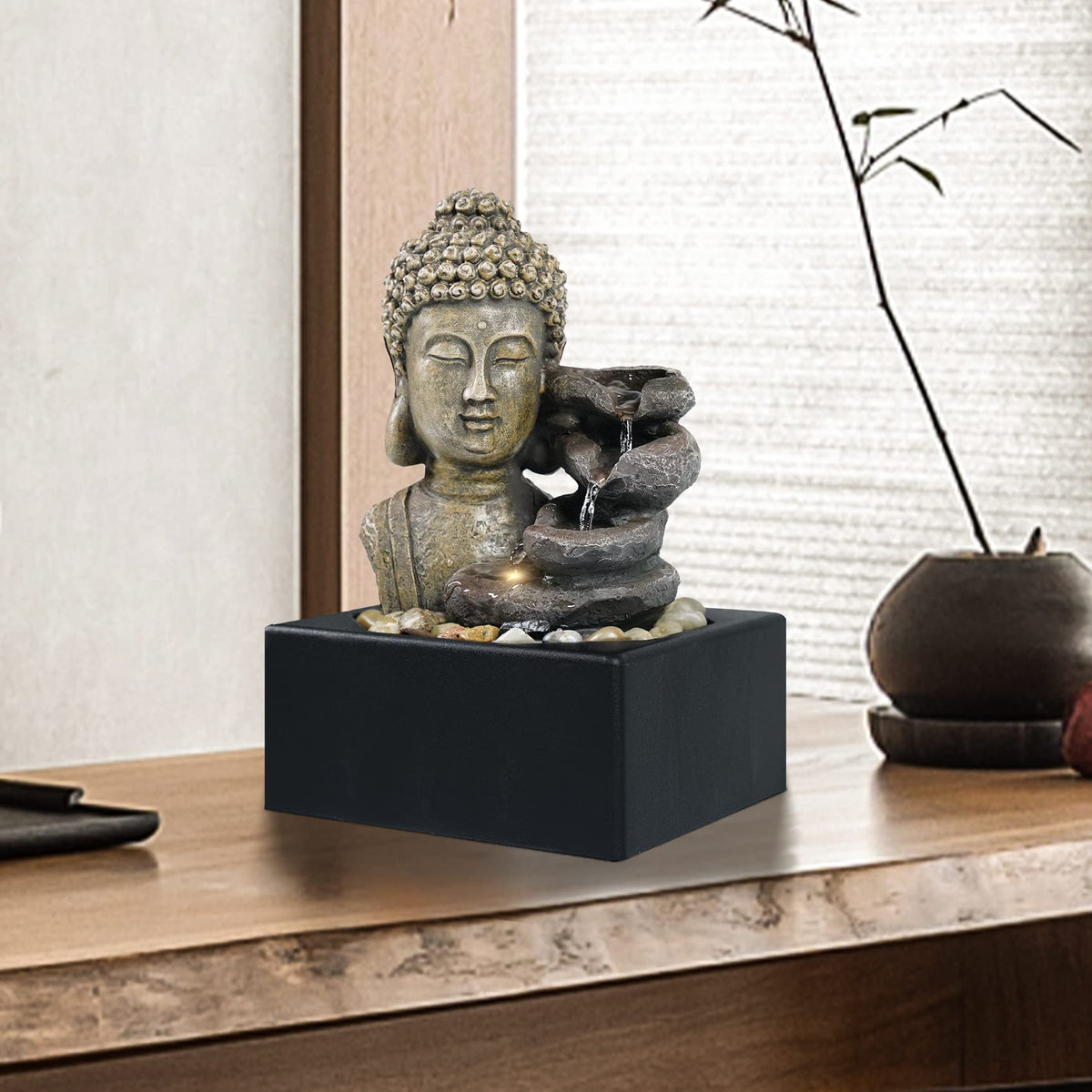 Ferrisland Tabletop Waterfall Fountain Indoor - Buddha Water Fountains 4-Tier Tabletop Waterfall of Zen Meditation Buddha Fountain with LED Warm Light for Office Home and Bedroom Desktop Decor