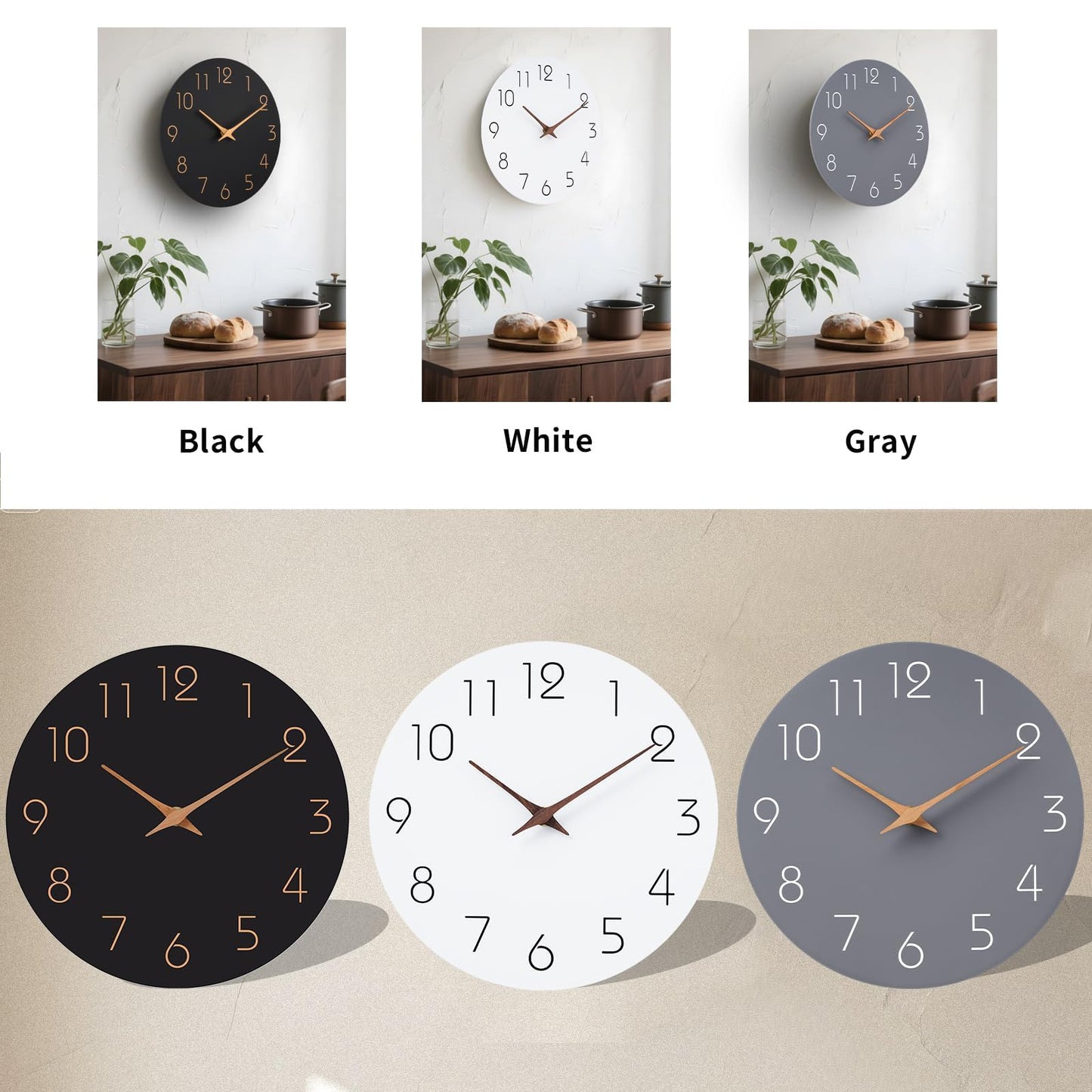 Mosewa 12 Inch Black Wall Clock Battery Operated Silent Non Ticking Modern Simple Minimalist Decorative for Kitchen Bedroom Home Office Bathroom Living Room